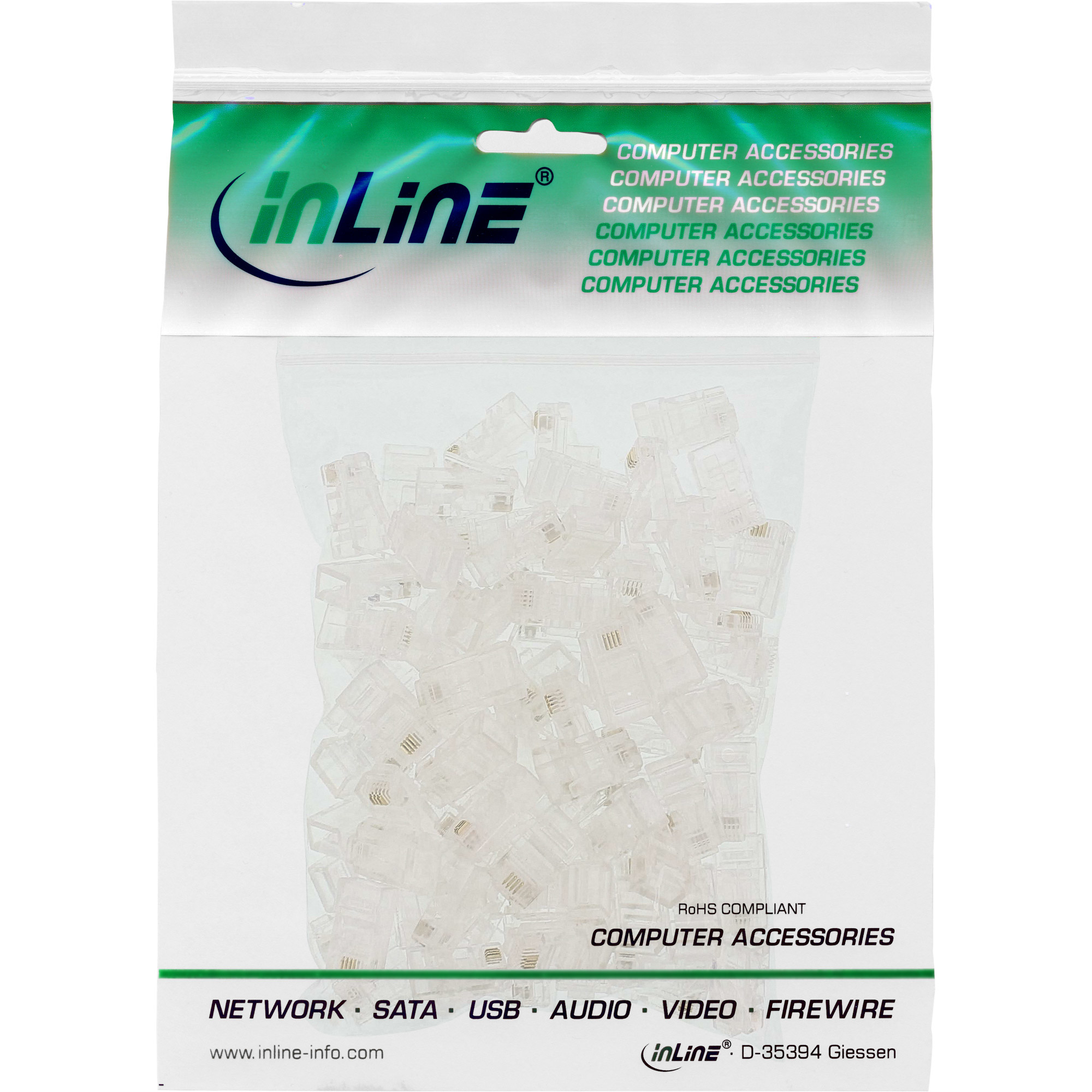 Eine Packung mit transparenten RJ45-Steckern für Computernetzwerke. Auf der Verpackung befindet sich das InLine-Logo und der Text: Computerzubehör.