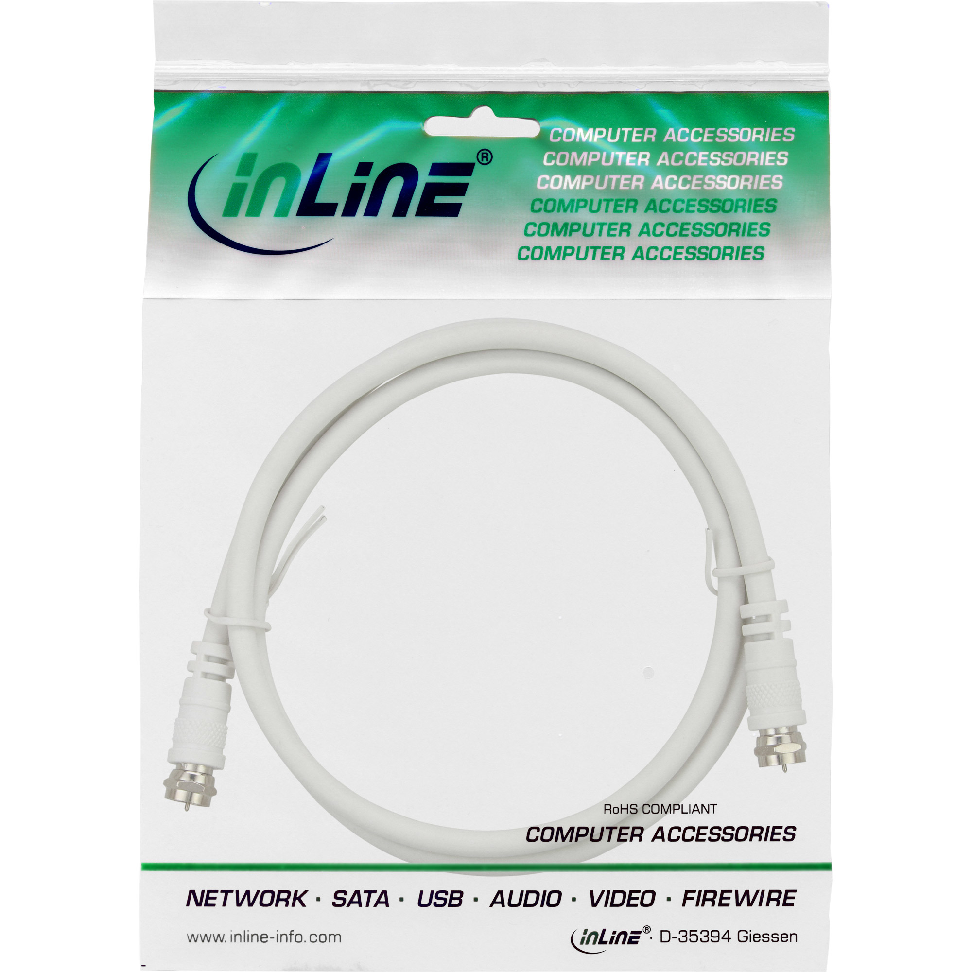 Ein weißes Koaxialkabel in einer Plastikverpackung. Die Verpackung hat das 'inLine'-Logo und den Text 'Computer Zubehör'.