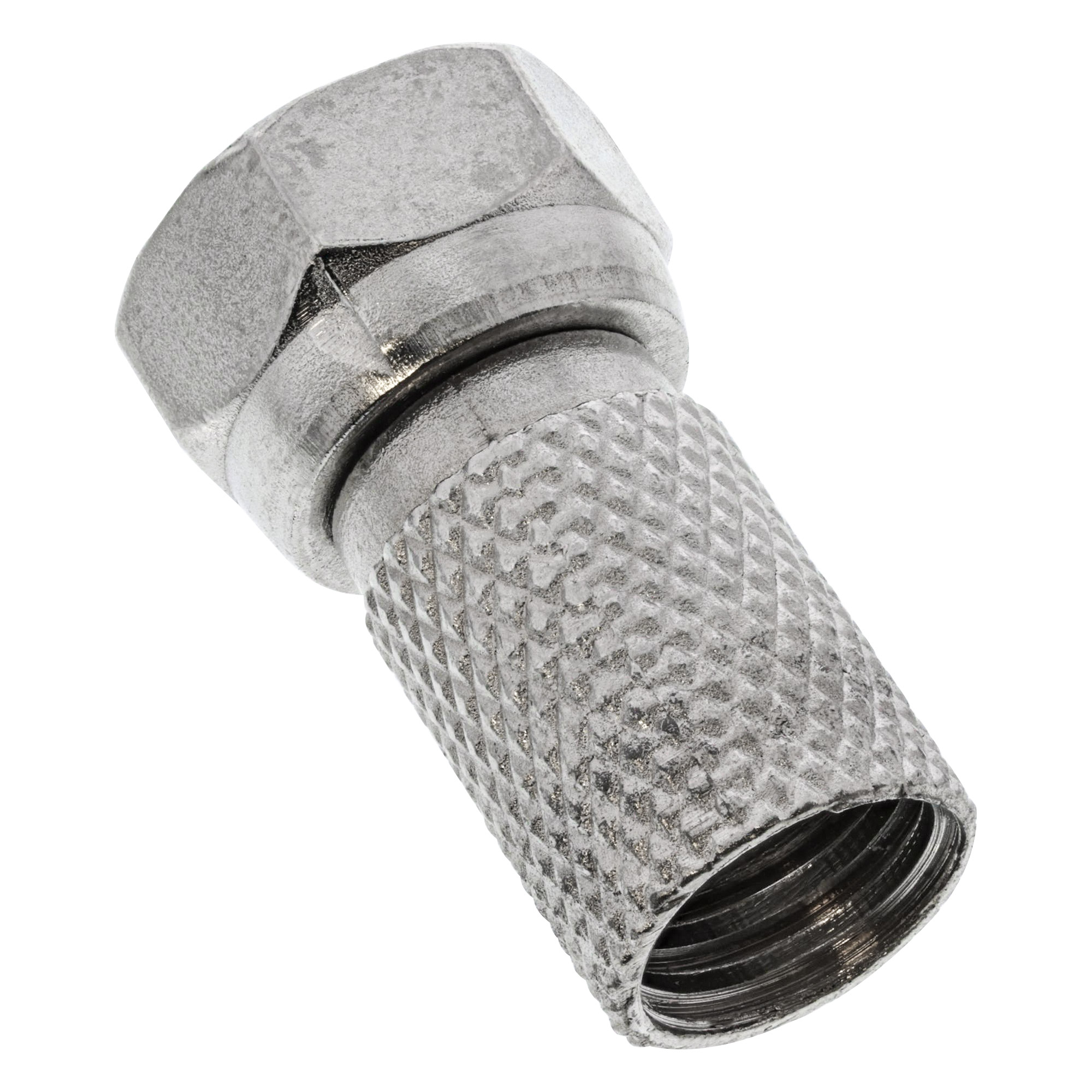 Ein Metall-F-Stecker mit sechseckigem Kopf und einem gerändelten zylindrischen Körper, isoliert auf weißem Hintergrund.