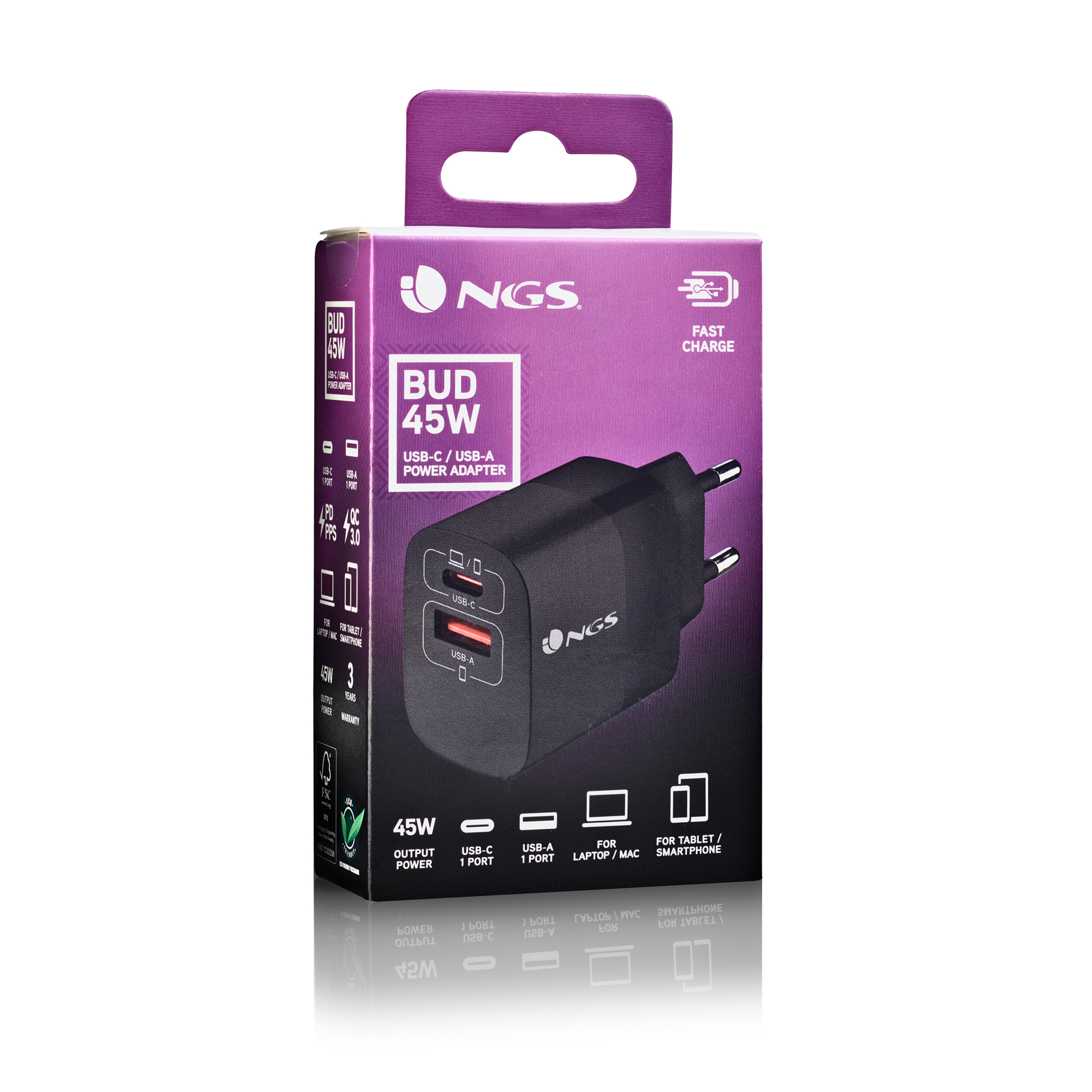 Ein schwarzes NGS Bud 45W USB-C-Netzteil in einer lila Box. Es hat zwei Anschlüsse und ein Schnellladesymbol.