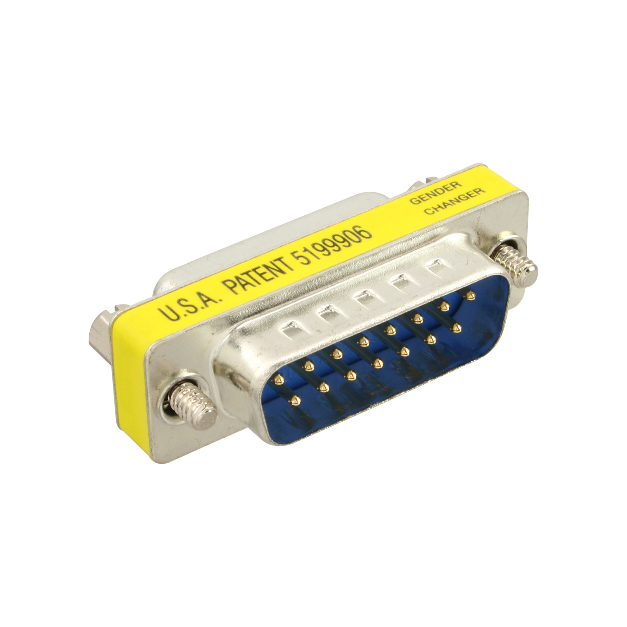 Ein silberner und blauer Stecker mit goldenen Pins. Es hat ein gelbes Etikett mit der Aufschrift "Gender Changer" und eine Patentnummer.