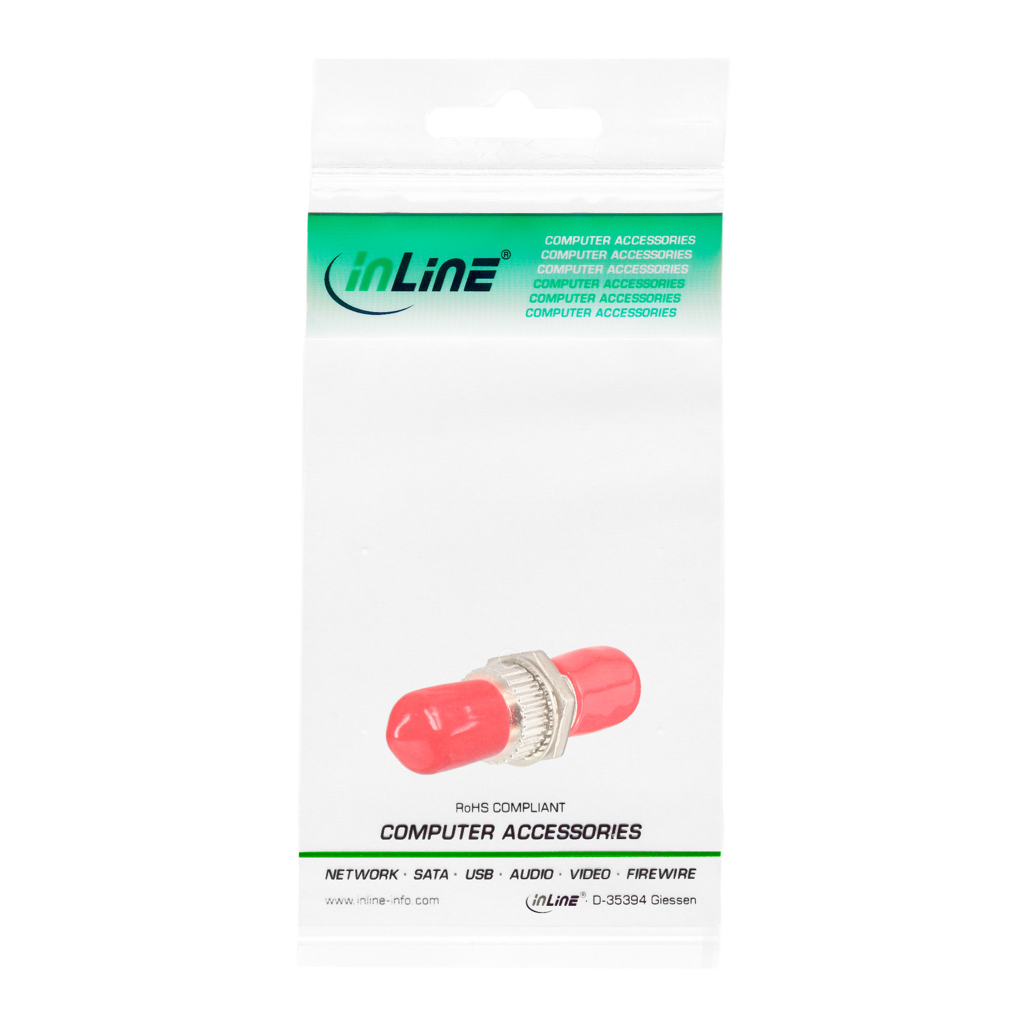 Rotes Computerzubehör in Plastikverpackung. Die Verpackung hat das 'inLine'-Logo und Produktinformationen.