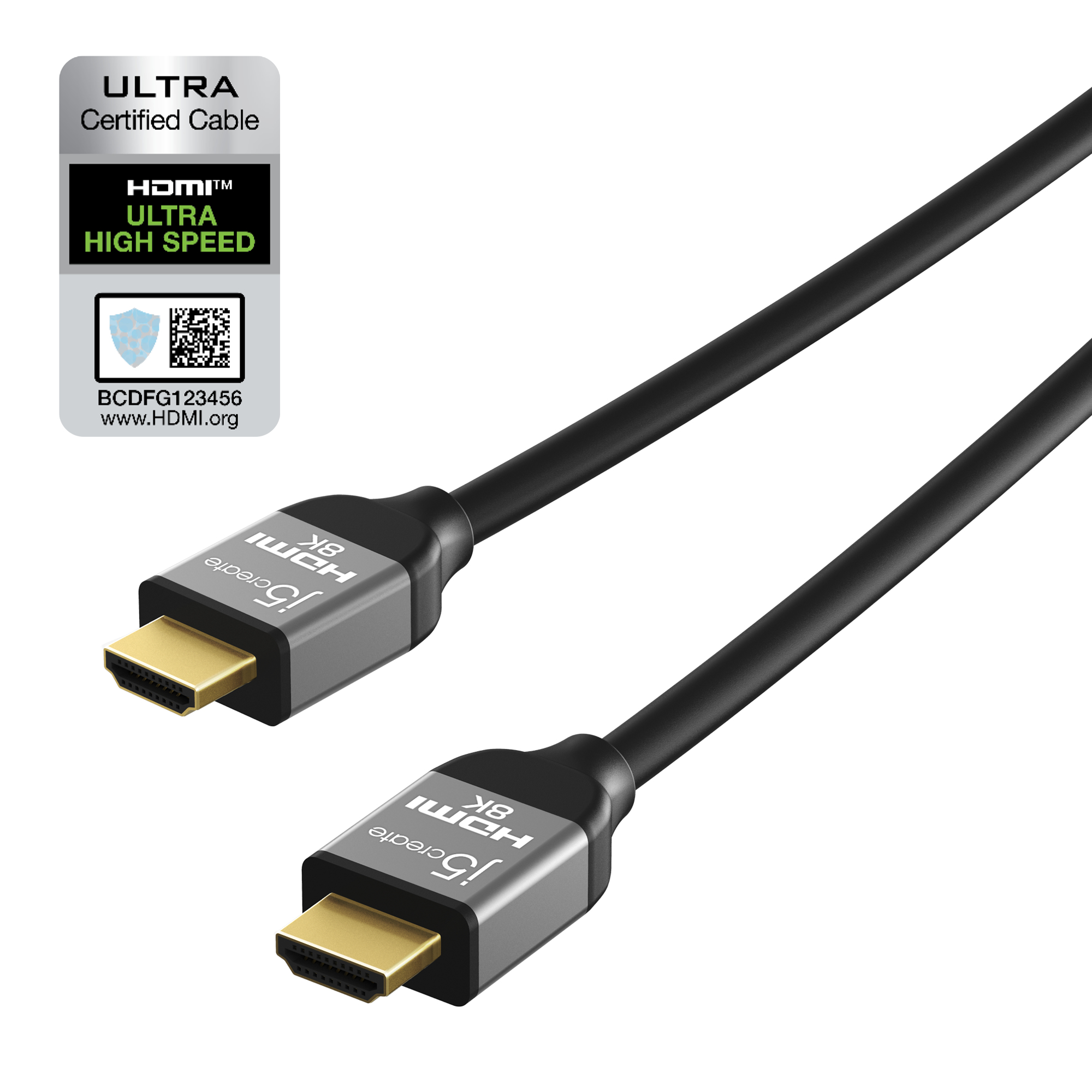 Schwarzes HDMI-Kabel mit goldenen Steckern. Das Kabel hat ein Etikett mit Text und Logo. Weißer Hintergrund.