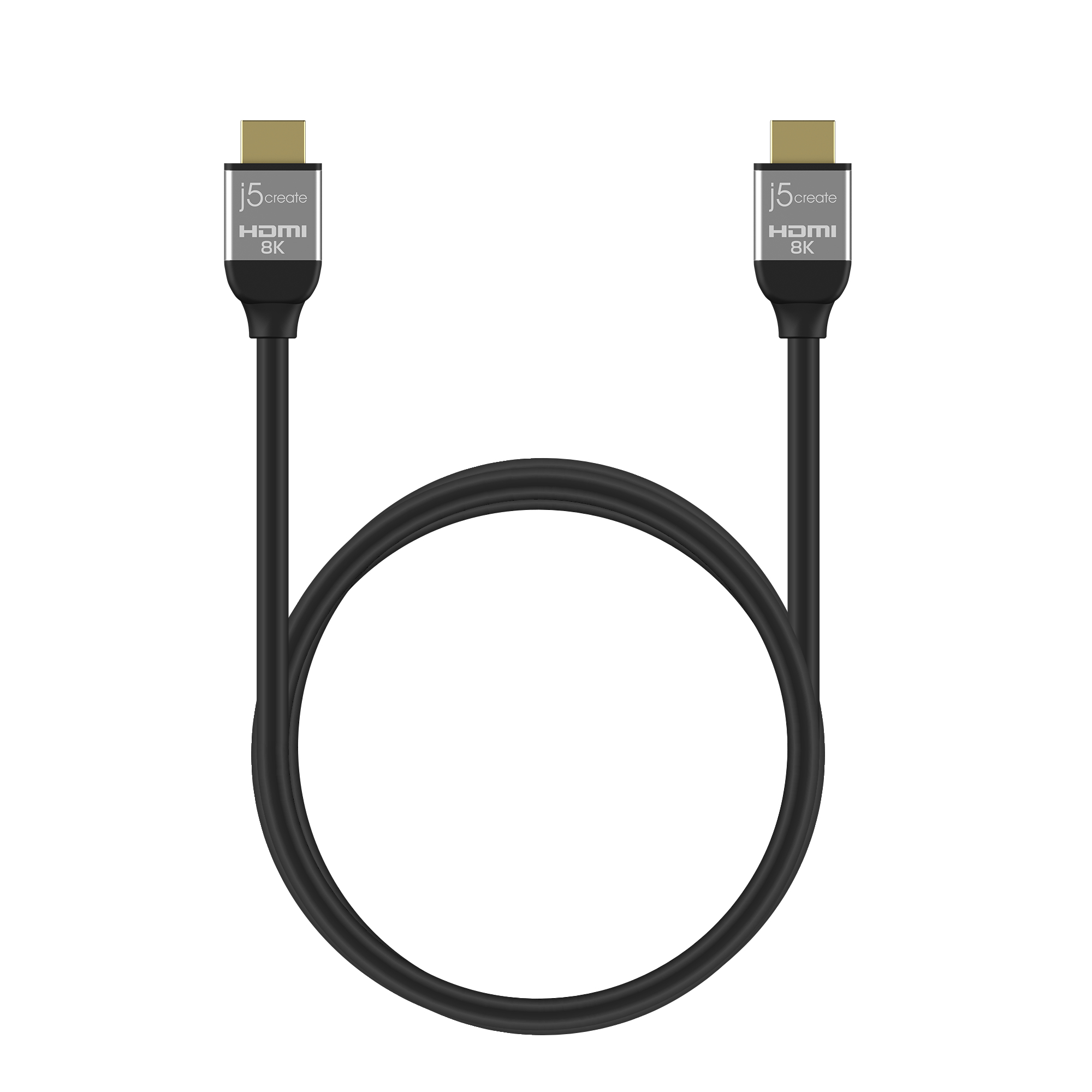 Ein HDMI-8K-Kabel mit goldenen Steckern und schwarzem Kabel. Das Kabel bildet ein U.