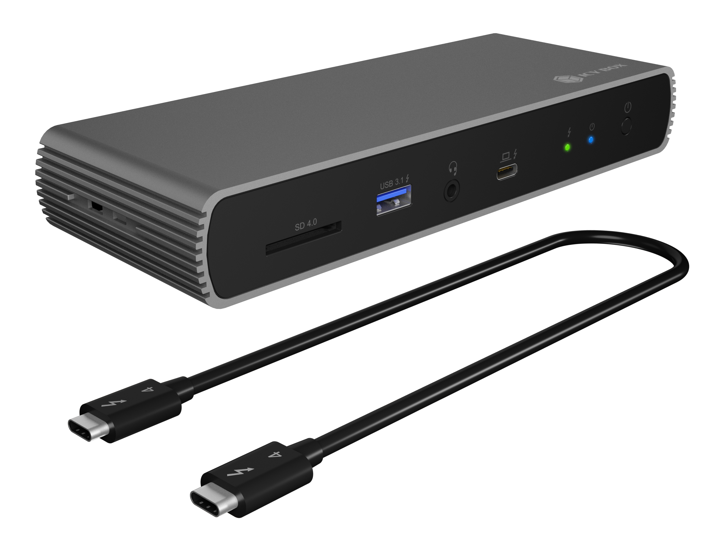 Eine graue Dockingstation mit einem schwarzen Kabel. Es hat verschiedene Anschlüsse und Anzeigen. Das Kabel hat USB-C-Anschlüsse.