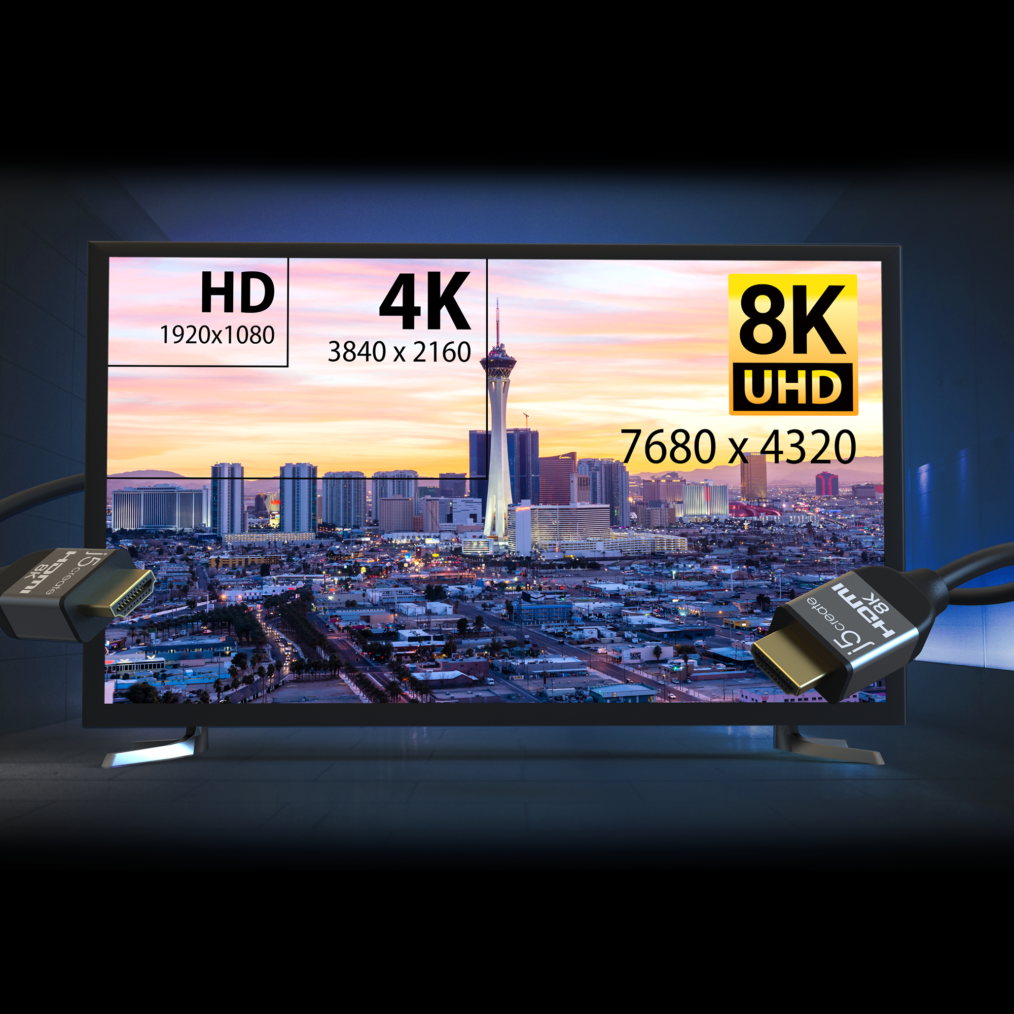 Ein Fernseher zeigt HD-, 4K- und 8K-Auflösungen an. Der Bildschirm zeigt eine Stadtlandschaft. HDMI-Kabel sind angeschlossen.