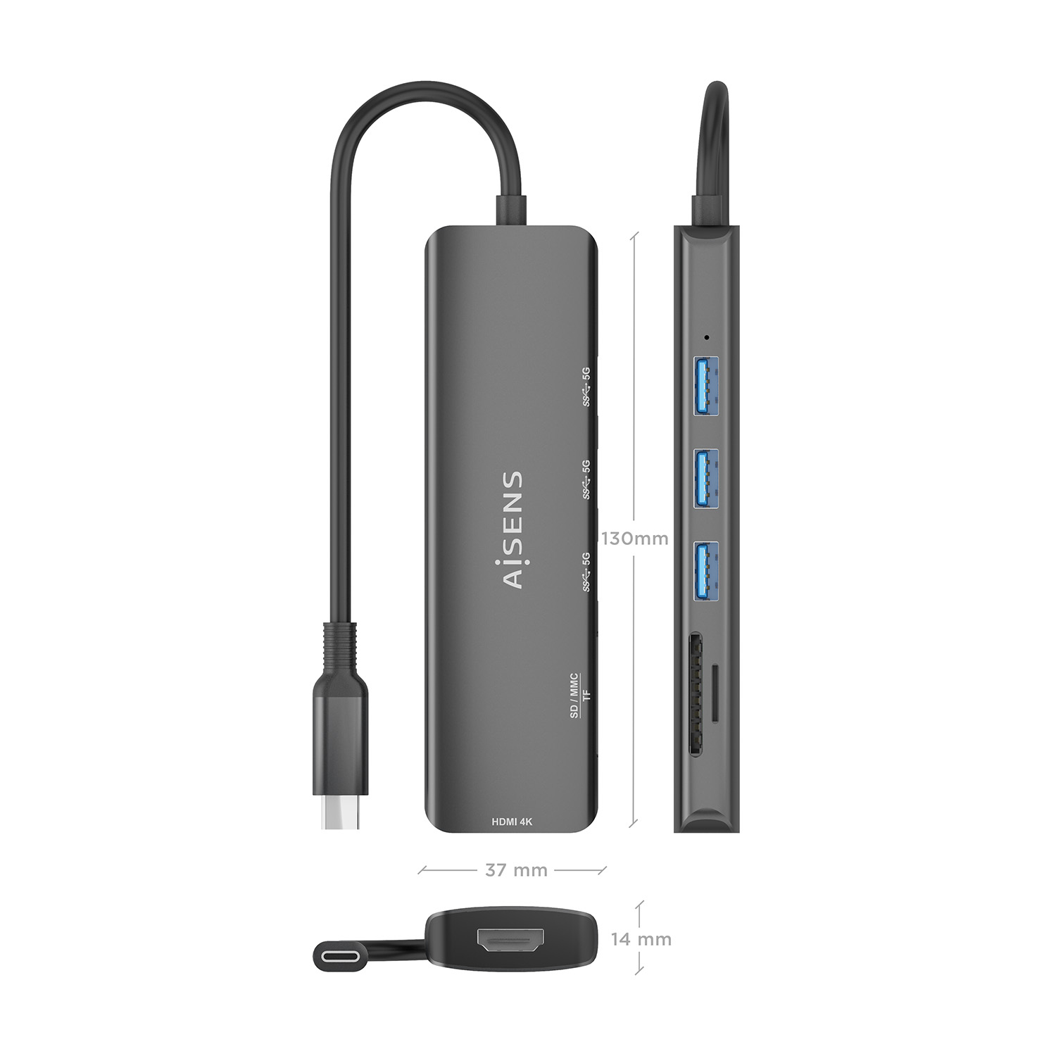 Un hub USB-C grigio con più porte, tra cui USB, HDMI e slot per schede SD. Include dimensioni: 130 mm, 37 mm e 14 mm.