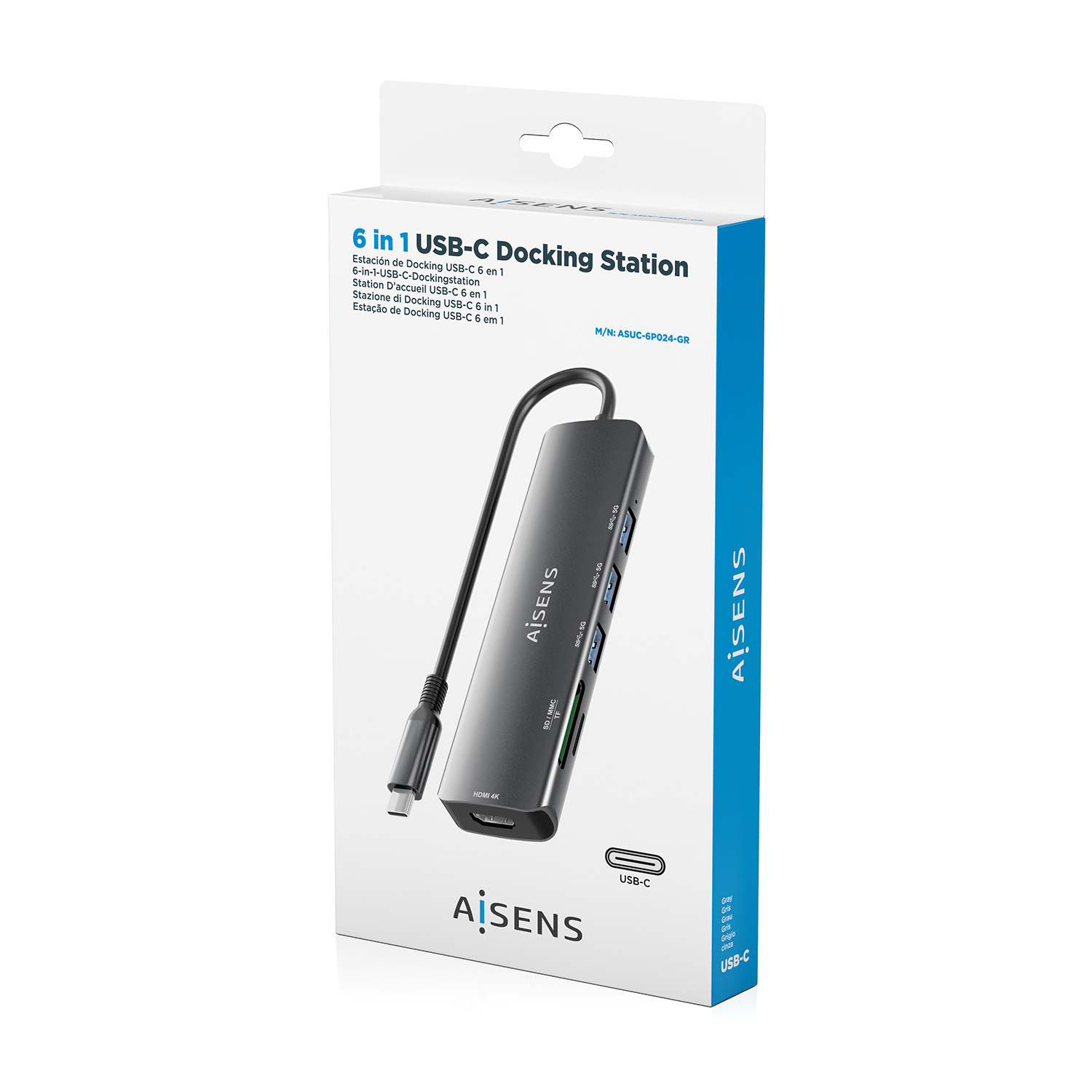 Una scatola di docking station con porta USB-C 6 in 1, nera. Marchio: AiSens. Sfondo bianco e blu.