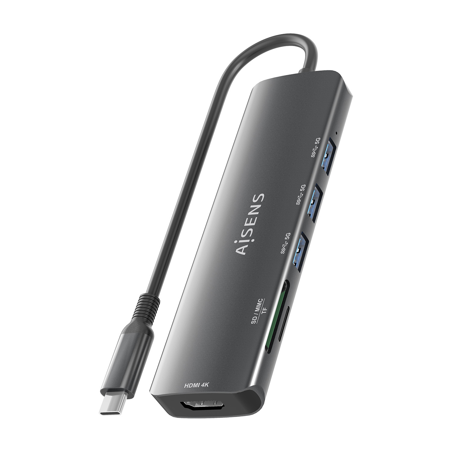 Un hub USB-C grigio con più porte, tra cui USB, HDMI e slot per schede SD. Ha un cavo nero collegato.