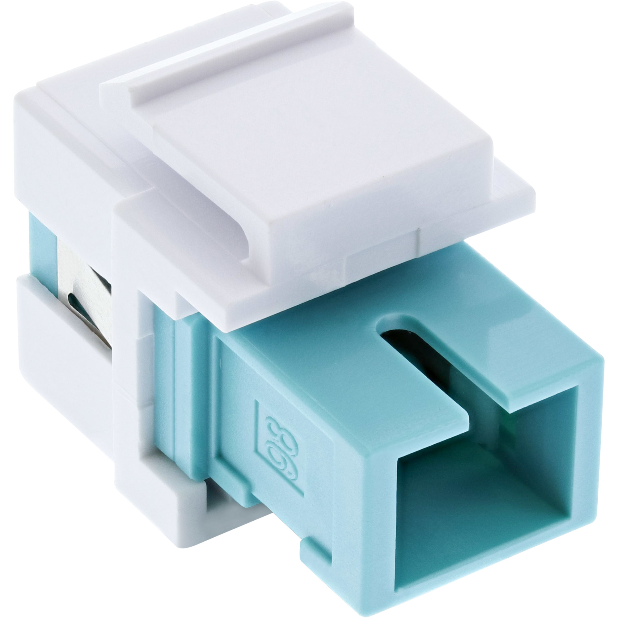 Ein weißer und türkisfarbener Stecker. Er hat eine verschiebbare weiße Abdeckung und einen türkisblauen Anschluss. Der Hintergrund ist weiß.
