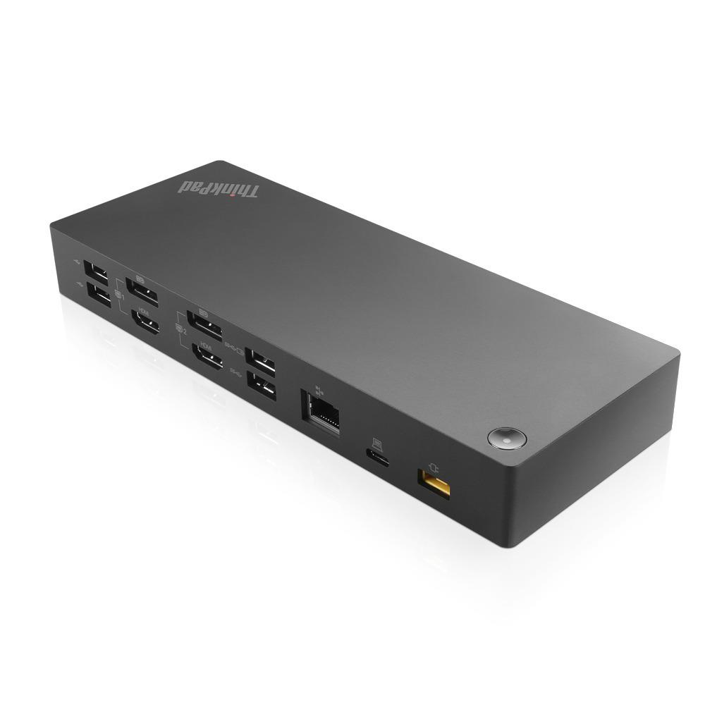 Eine dunkelgraue ThinkPad-Dockingstation mit verschiedenen Anschlüssen. Sie ist rechteckig und steht auf weißem Hintergrund. Das ThinkPad-Logo ist sichtbar.