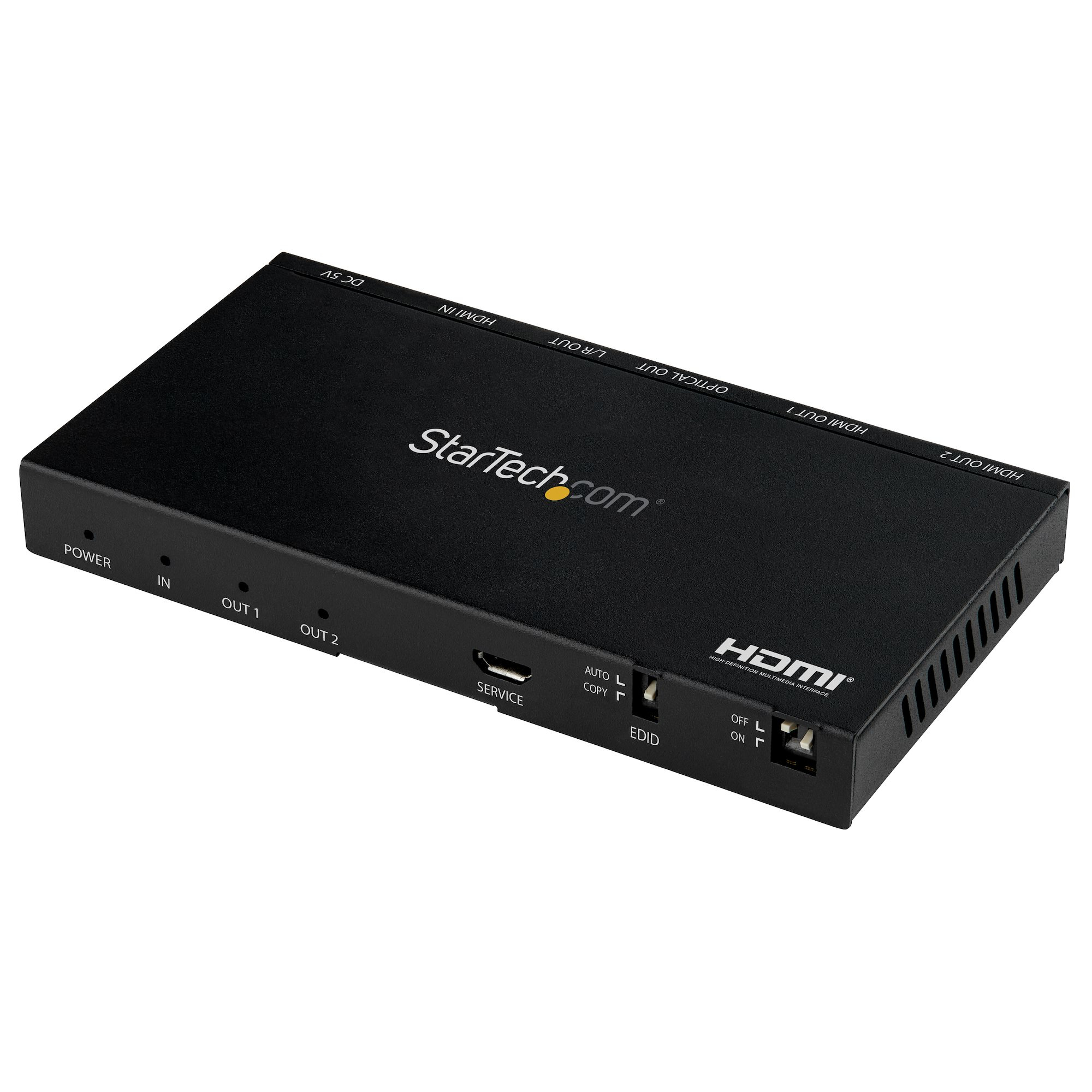 Ein schwarzes StarTech HDMI-Gerät mit verschiedenen Anschlüssen und Beschriftungen.
