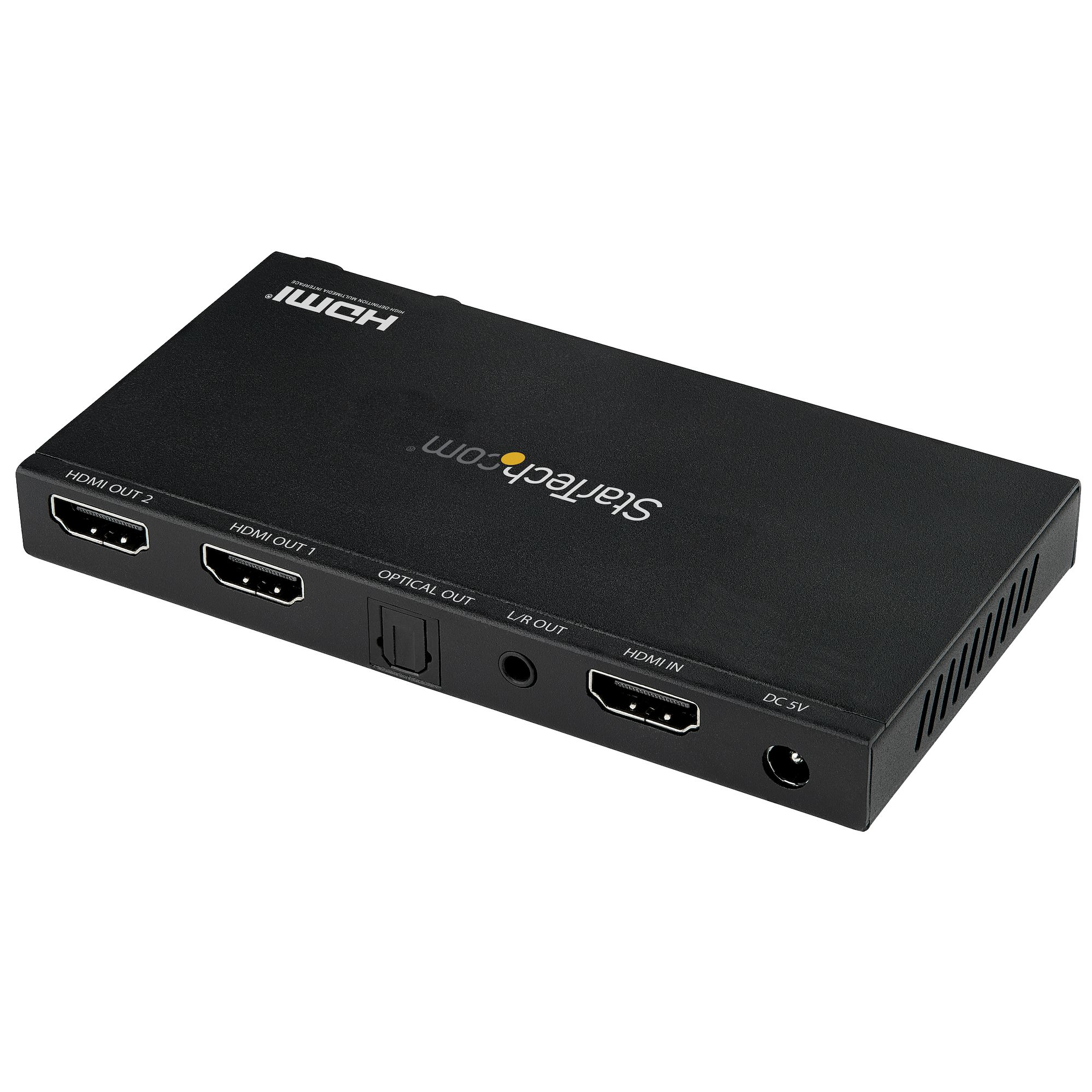 Schwarzer HDMI-Switch mit Anschlüssen, beschriftet mit HDMI OUT, HDMI IN und anderen Audioanschlüssen. StarTech.com-Logo sichtbar.