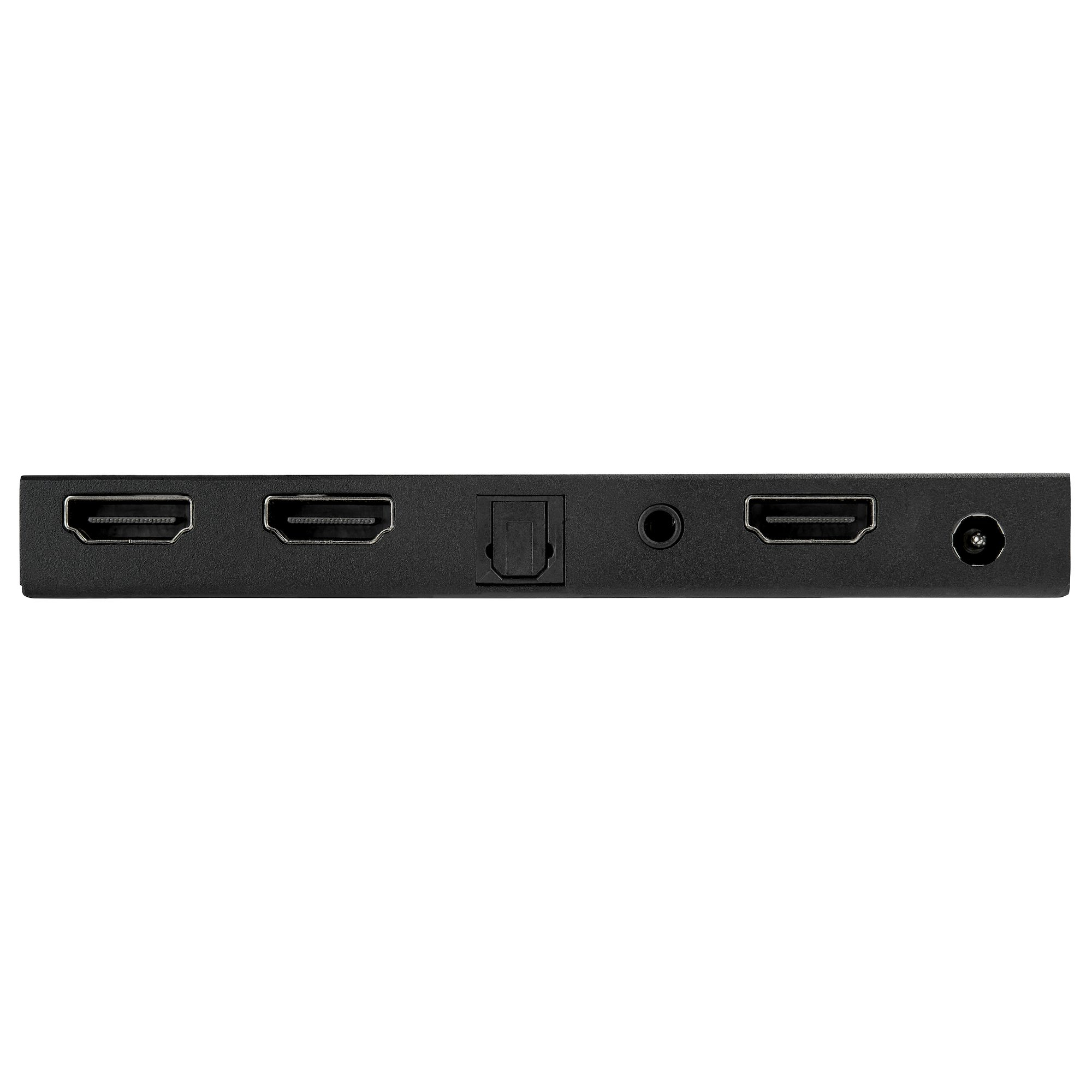 Schwarzes Gerät mit HDMI-Anschlüssen, optischem Audio, 3,5-mm-Klinke und Stromanschluss.