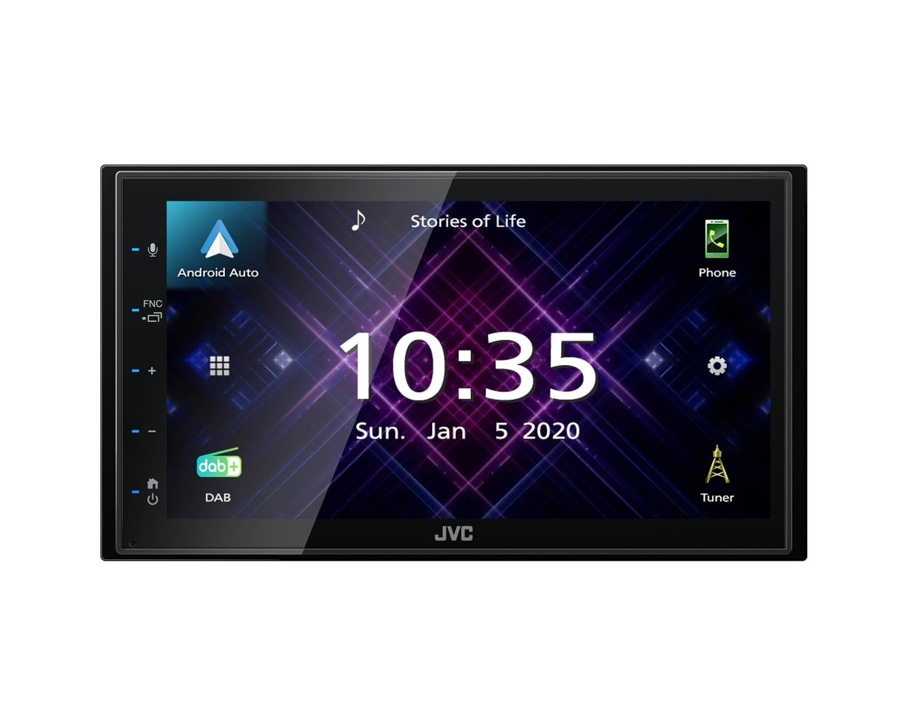 Ein Autoradio-Bildschirm zeigt die Uhrzeit 10:35, das Datum und Android Auto an. Zu den Funktionen gehören Telefon, Tuner und DAB-Radio.