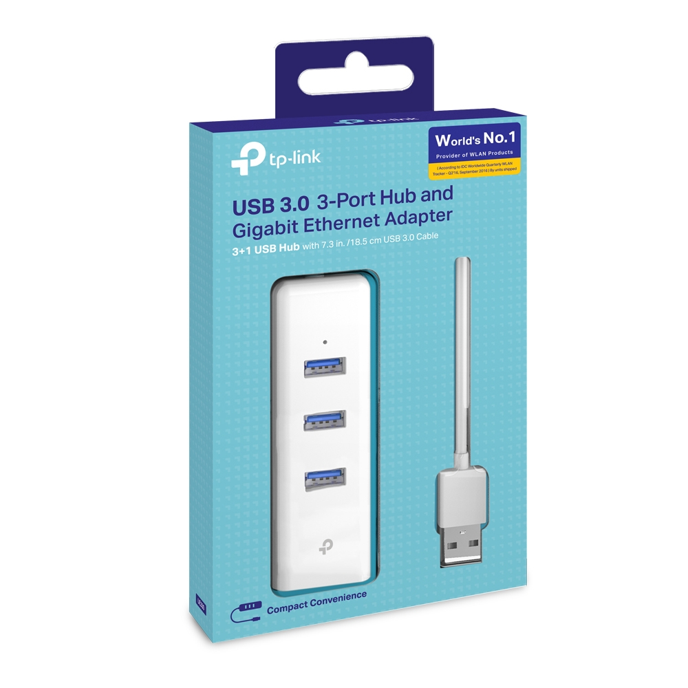 Biały hub USB 3.0 TP-Link i adapter Gigabit Ethernet. Posiada trzy porty USB, kabel i jest w niebieskim pudełku.