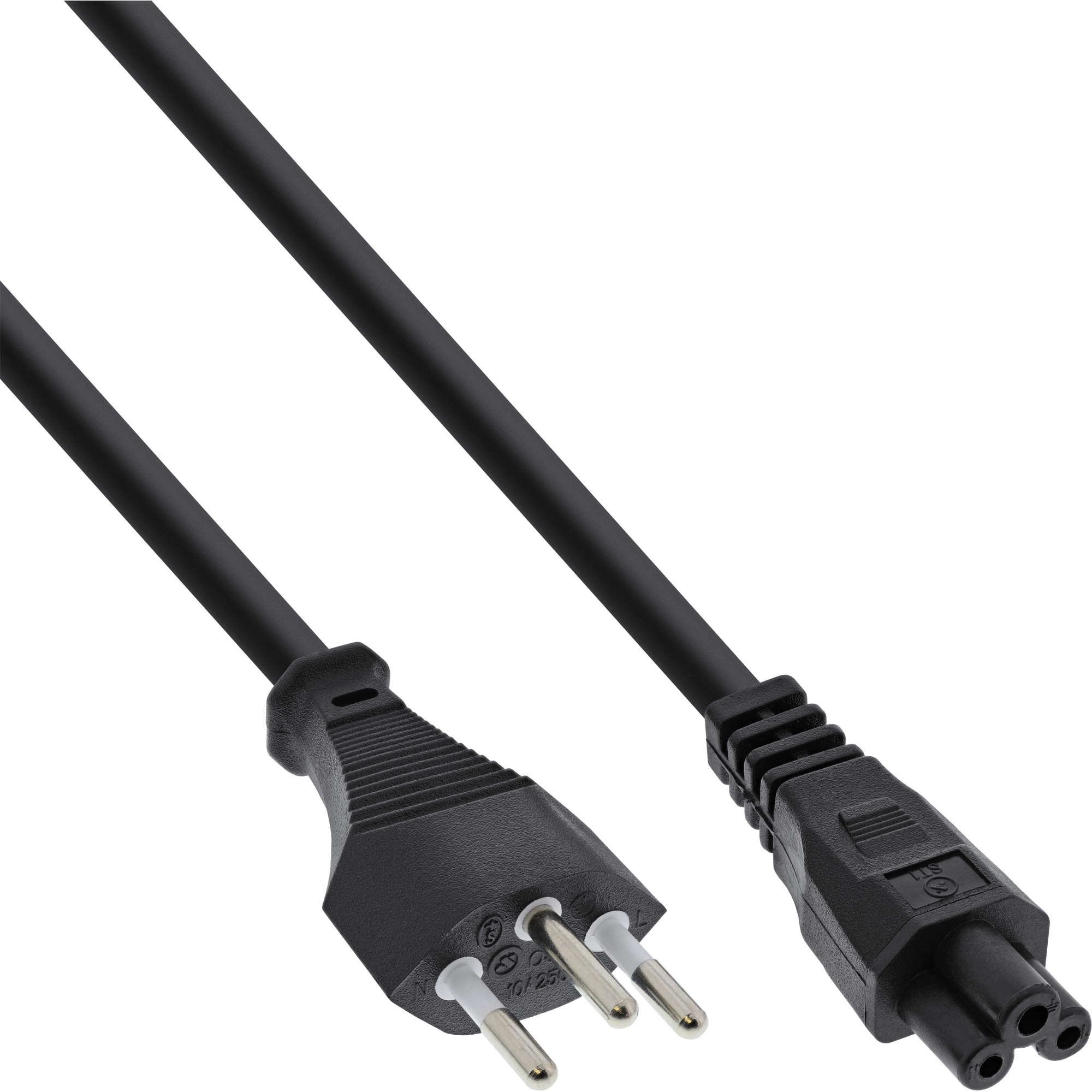 Ein schwarzes Stromkabel mit zwei verschiedenen Enden. Eines hat drei Stifte, das andere hat drei Löcher.