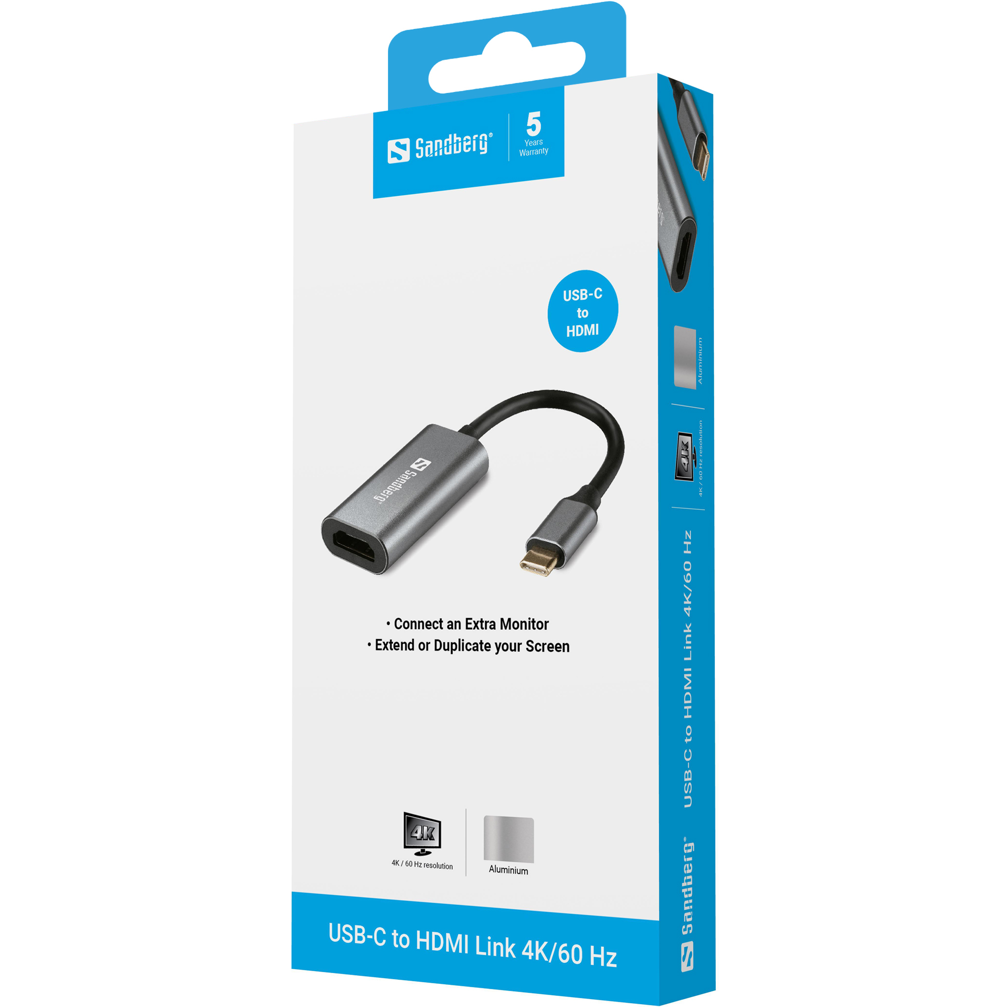 Pudełko przedstawia adapter USB-C do HDMI z funkcjami i marką Sandberg. Jest srebrny i czarny.