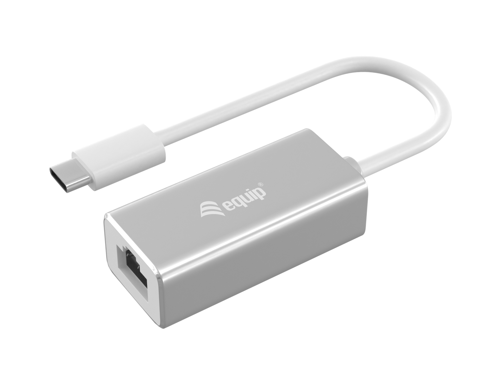 Ein silberner und weißer USB-C-auf-Ethernet-Adapter. Er hat einen USB-C-Anschluss, ein silbernes Gehäuse und ein weißes Kabel.