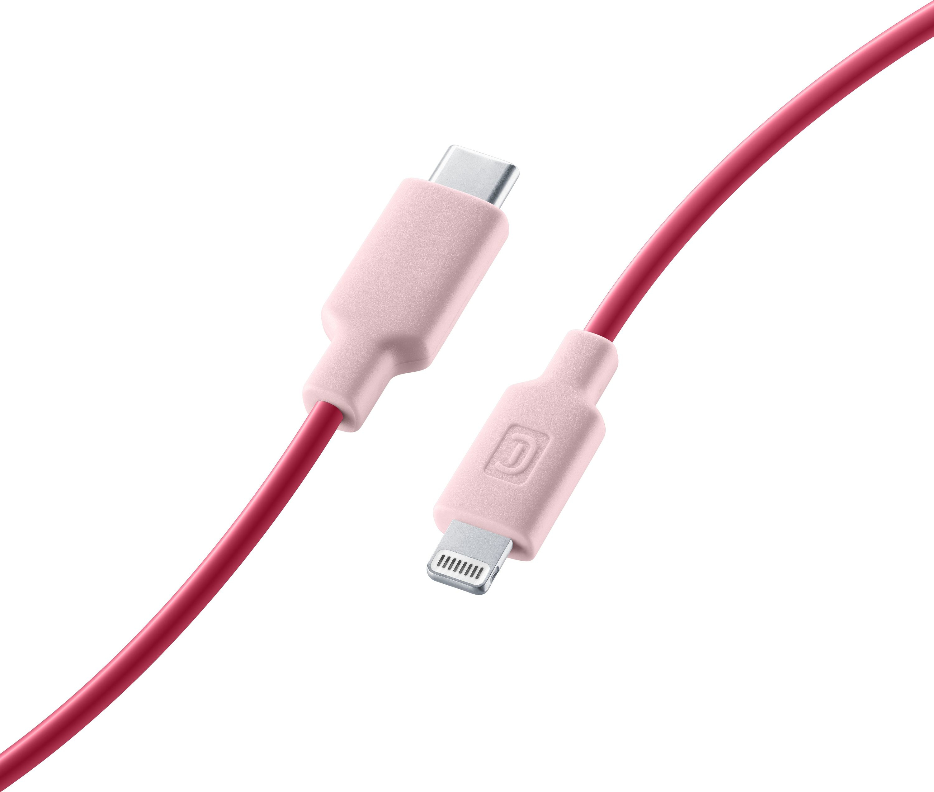 Un cable de carga rosa con conectores USB-C y Lightning sobre fondo blanco.