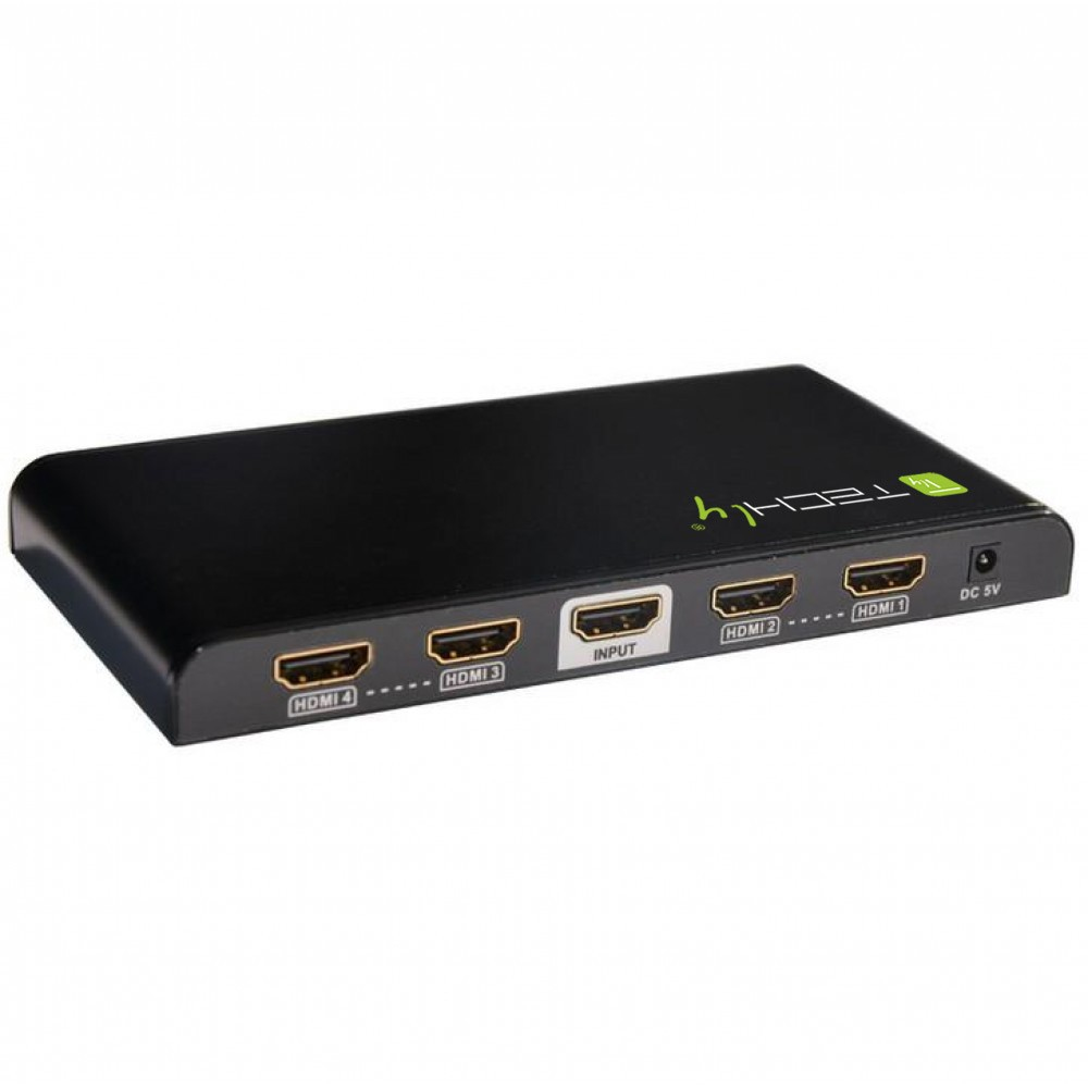 Schwarzer HDMI-Splitter mit mehreren Anschlüssen, beschriftet mit HDMI 1-4 und Eingang. Oben befindet sich ein grünes Logo und ein DC 5V Anschluss.