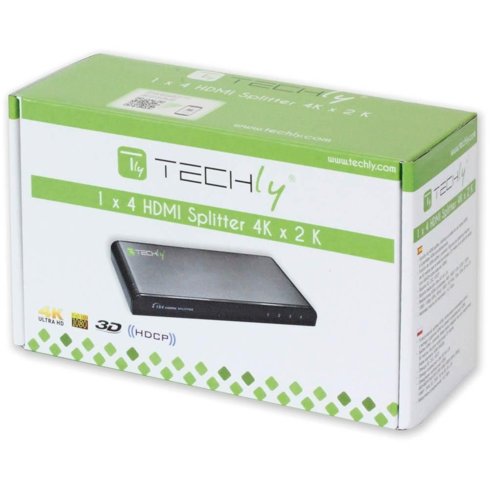 Eine Techly-Box zeigt einen 1x4 HDMI-Splitter. Die Box ist weiß und grün. Der Splitter ist schwarz.