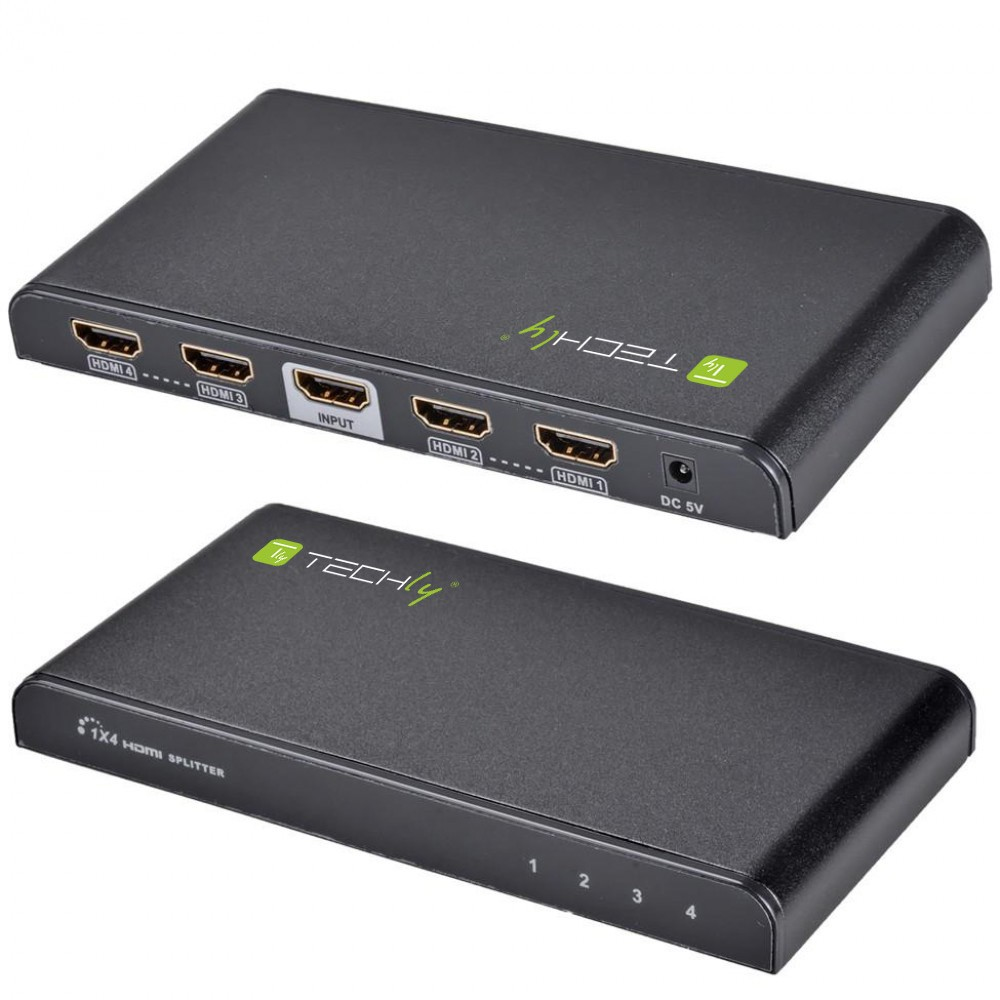 Zwei schwarze HDMI-Splitter. Der obere hat Eingangs- und Ausgangsanschlüsse. Der untere hat vier Ausgangsanschlüsse mit der Bezeichnung 1-4.