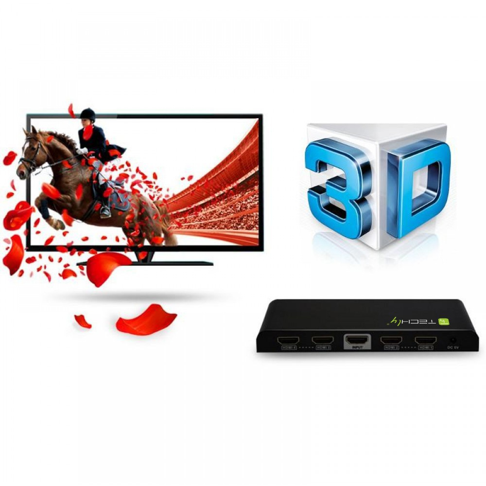 Ein Fernseher zeigt ein springendes Pferd. Rote Rosenblätter umgeben den Bildschirm. 3D-Logo und ein schwarzer HDMI-Switch sind auch sichtbar.