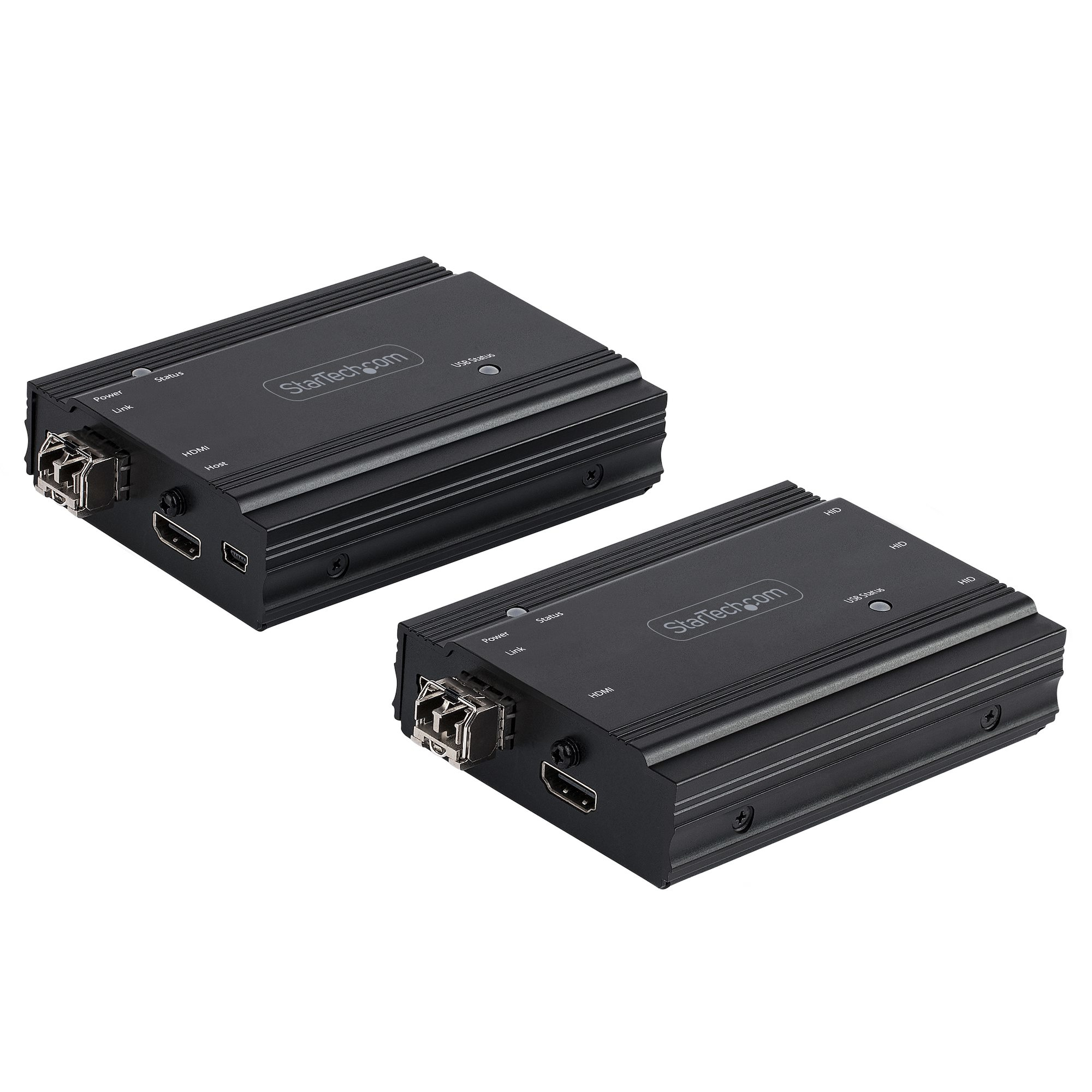 Zwei schwarze StarTech-Geräte mit verschiedenen Anschlüssen und Beschriftungen, darunter Power, Link, Status und HDMI. Der Hintergrund ist weiß.
