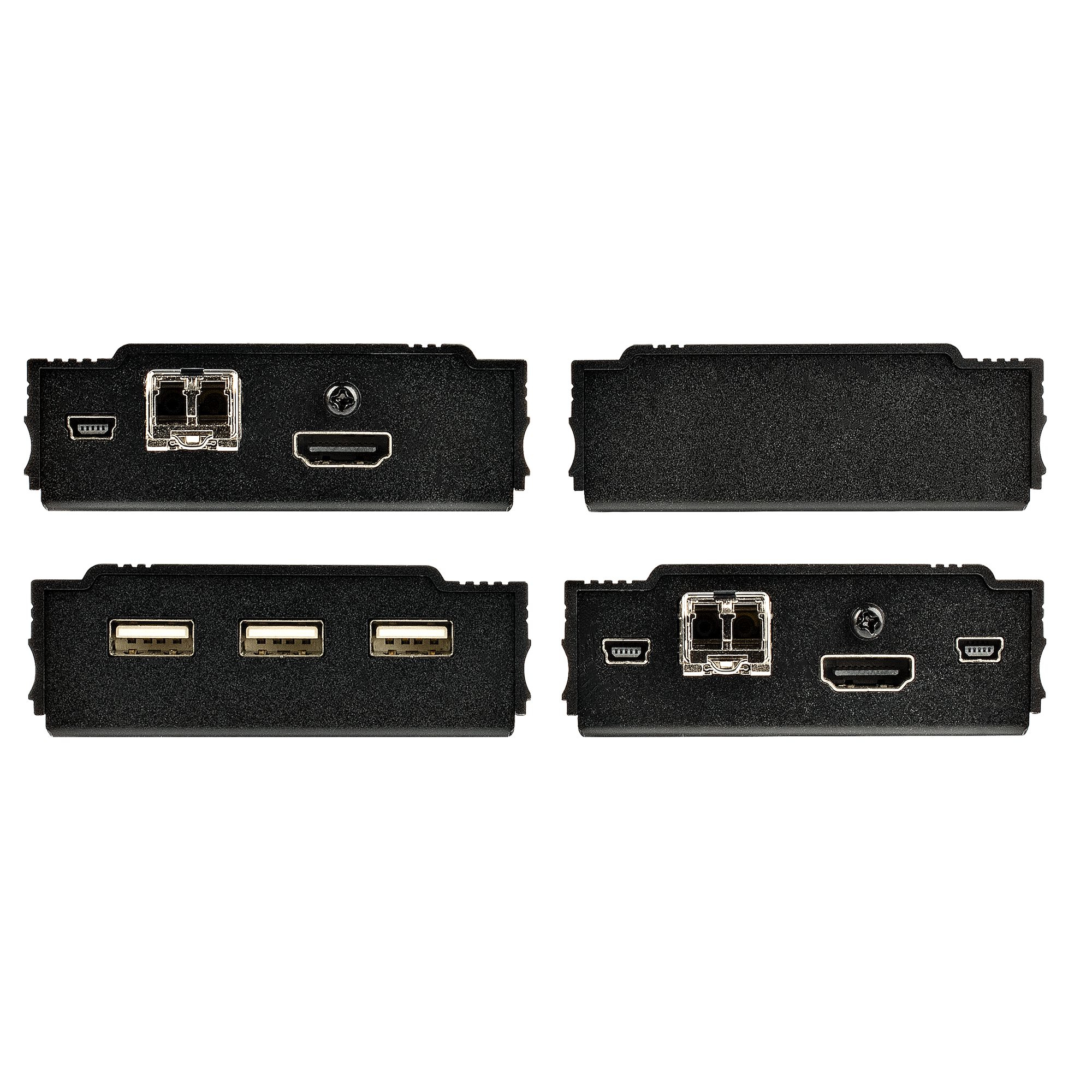 Vier schwarze elektronische Geräte mit verschiedenen Anschlüssen sind angeordnet. Sie befinden sich auf weißem Hintergrund, isoliert.