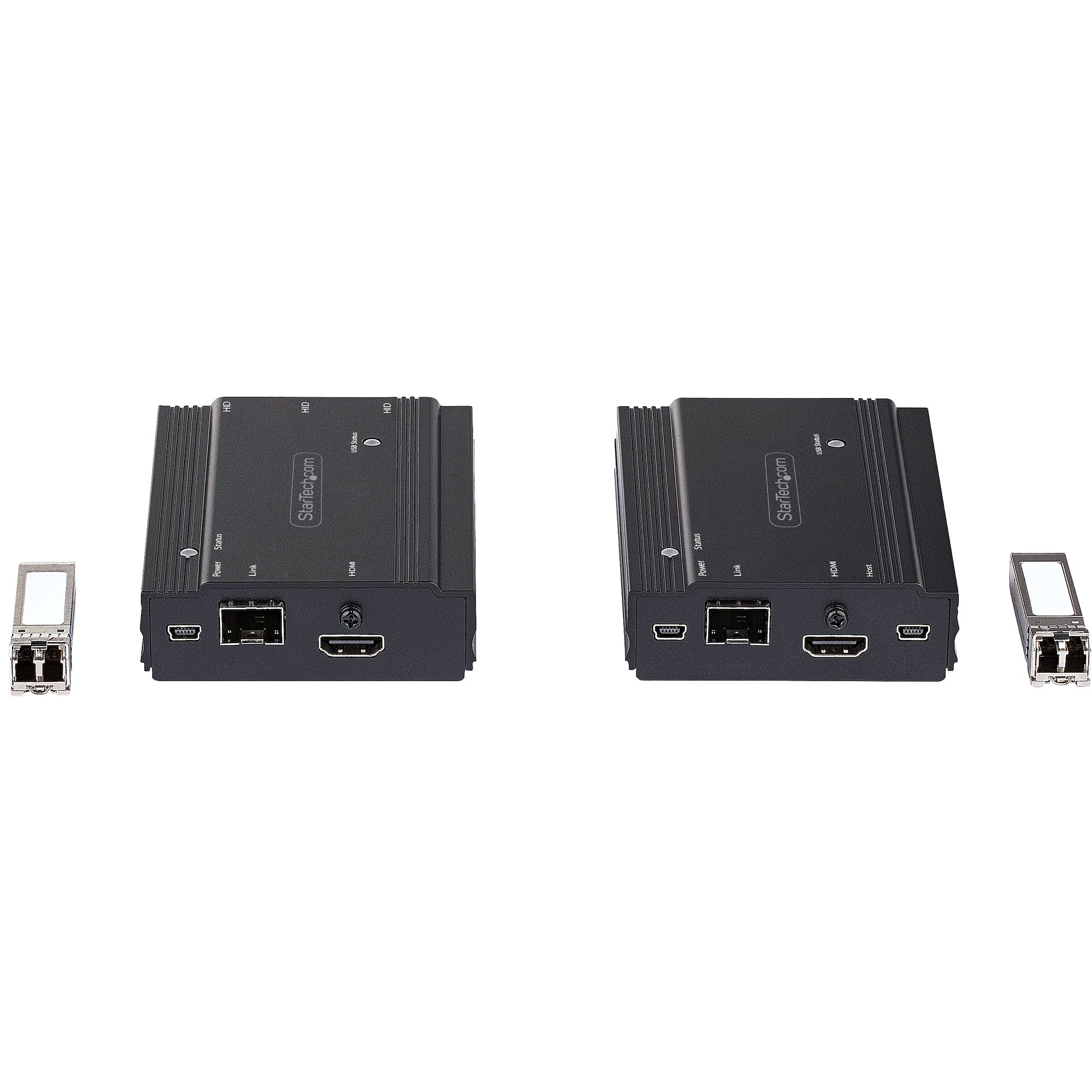 Zwei schwarze StarTech.com-Geräte mit HDMI-Anschlüssen und zwei kleine silberne Stecker auf weißem Untergrund.