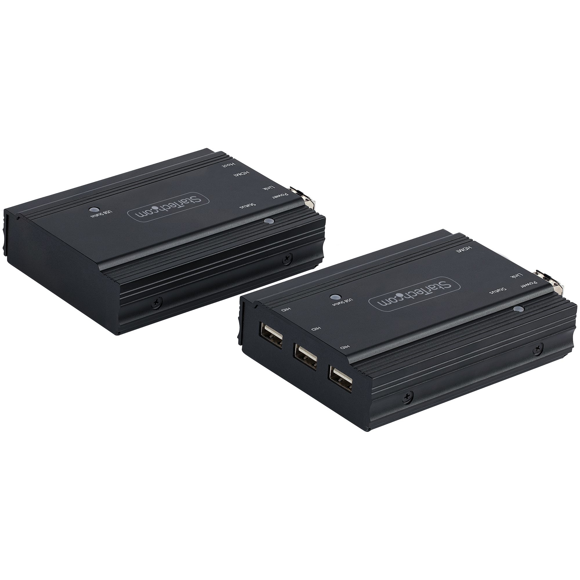 Zwei schwarze StarTech.com-Boxen mit Anschlüssen und Etiketten auf weißem Hintergrund. Eine hat USB-Anschlüsse.