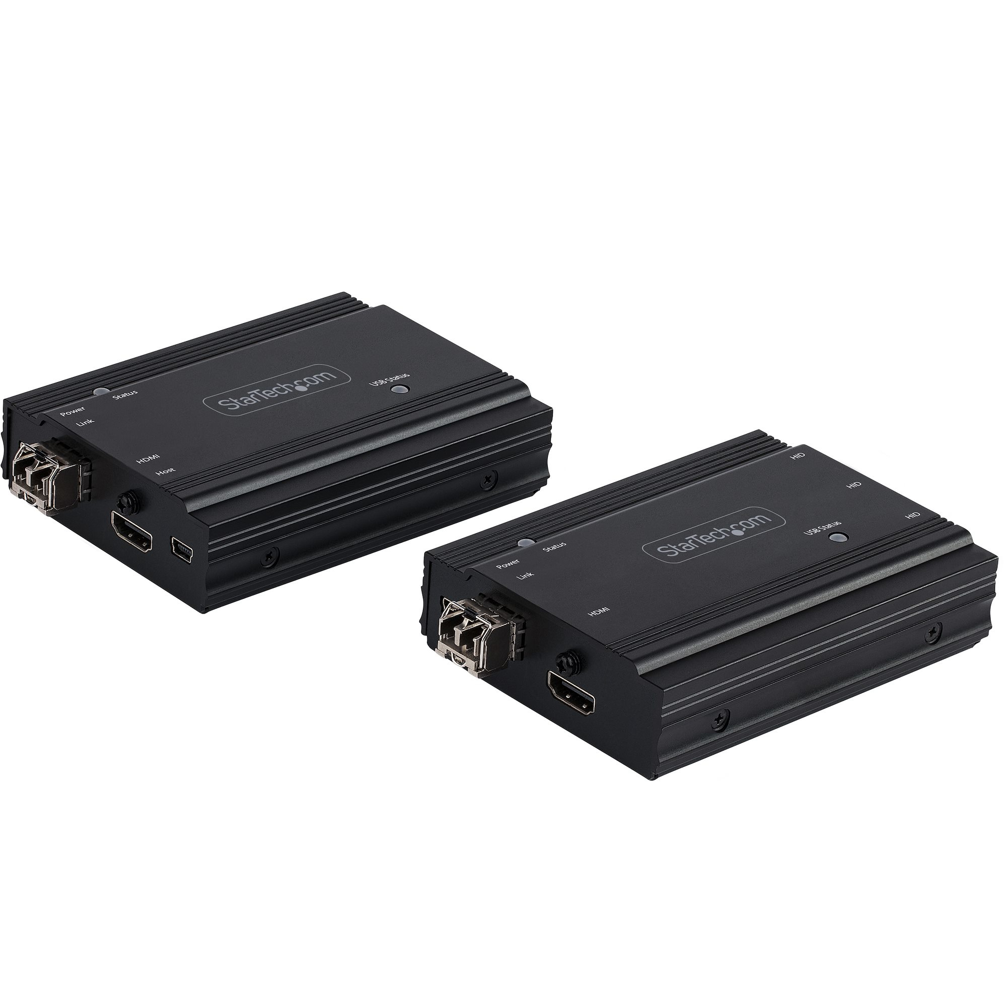 Zwei schwarze StarTech.com HDMI-Konverter. Jeder hat Anschlüsse, Strom-, Status- und Link-Anzeigen. Der Hintergrund ist weiß.