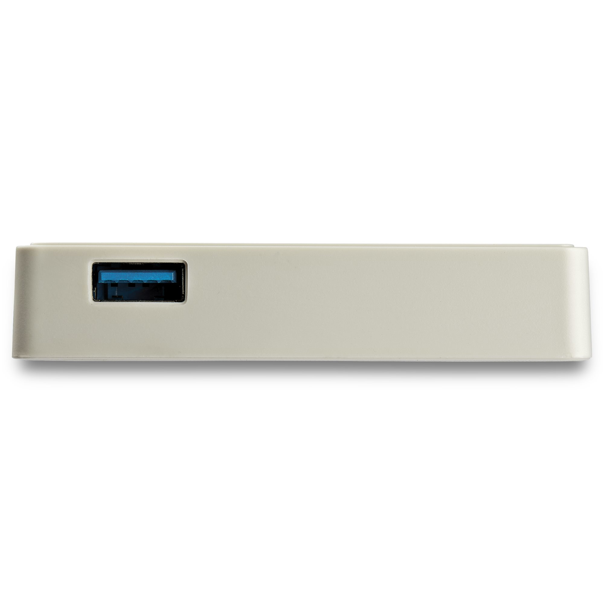Ein beigefarbener USB-Hub mit einem blauen USB-Anschluss. Schatten ist auf der rechten Seite.