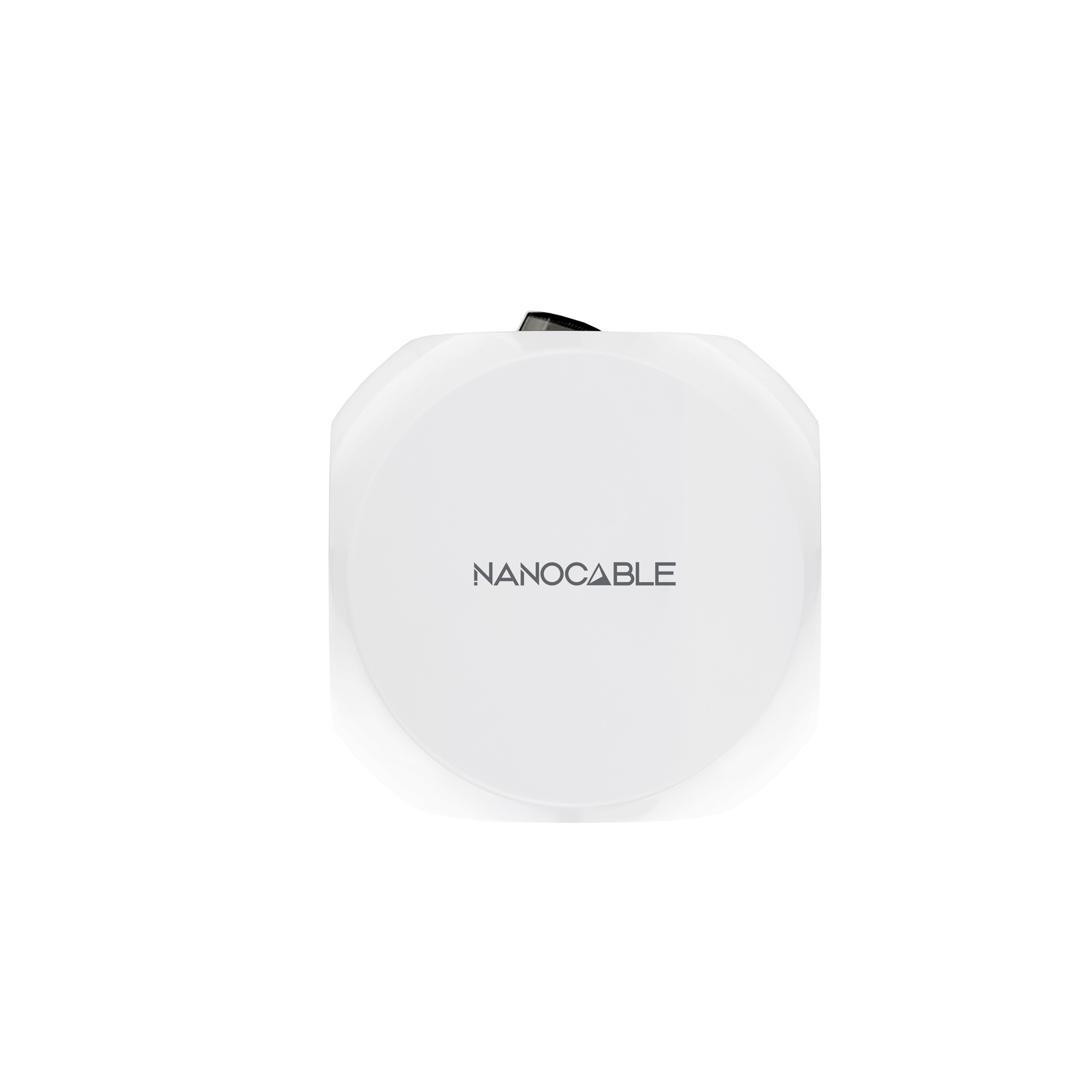 Un dispositivo blanco y redondo con la palabra NANOCABLE. El fondo es blanco.