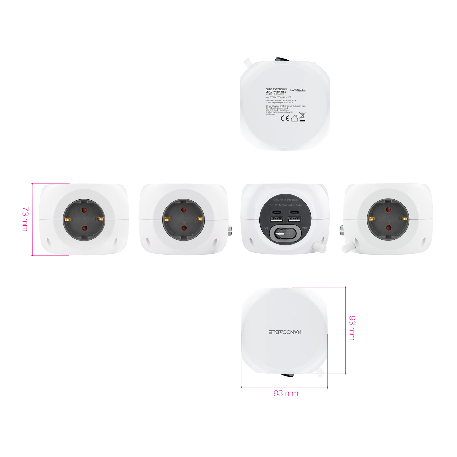 Un cubo de alimentación blanco con múltiples enchufes, puertos USB y una etiqueta con detalles técnicos.