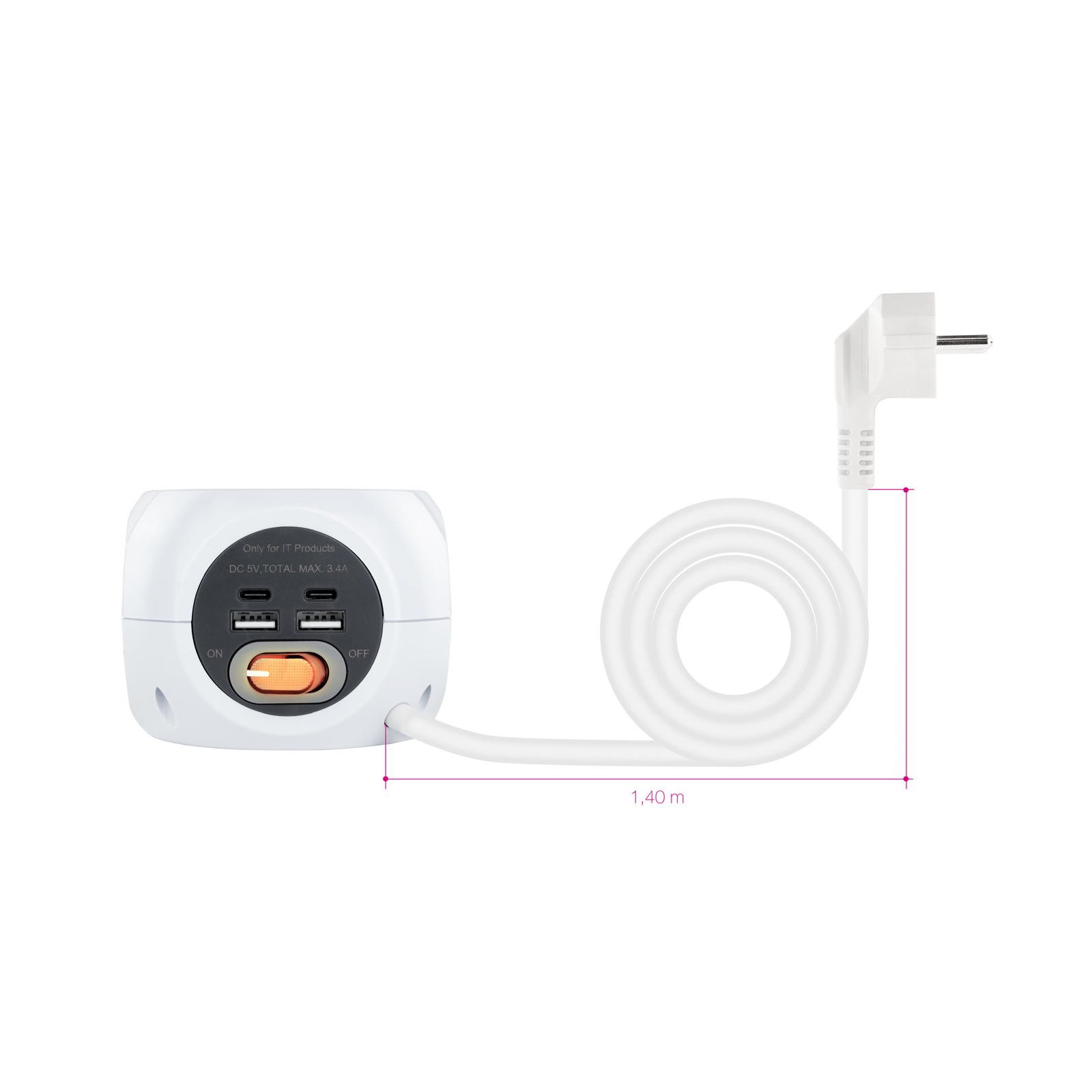 Regleta blanca con cable enrollado y enchufe. Tiene puertos USB y un interruptor de encendido/apagado. El cable mide 1,40 m.