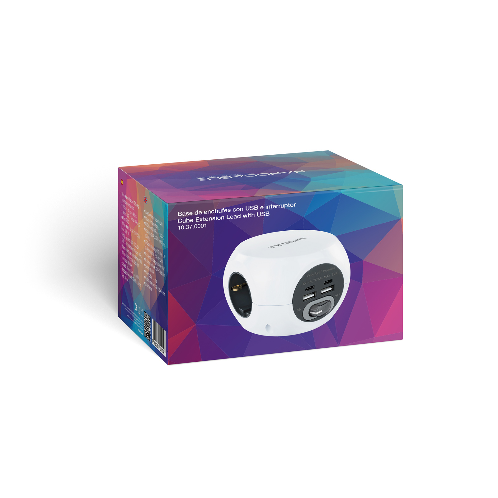 Un extensor de cubo blanco con puertos USB y un interruptor de encendido/apagado, en una caja con diseño geométrico colorido.