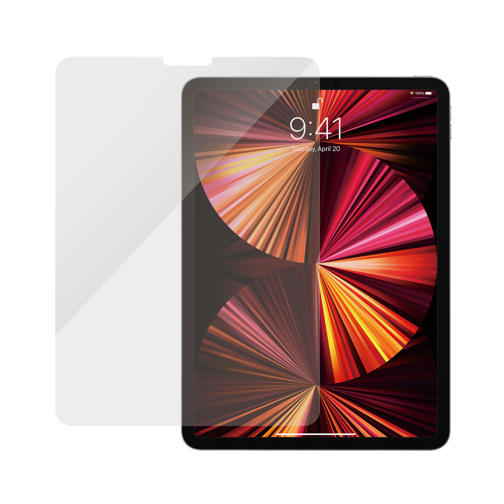 Ein iPad mit Displayschutz. Der Bildschirm zeigt ein farbenfrohes abstraktes Bild und die Uhrzeit.