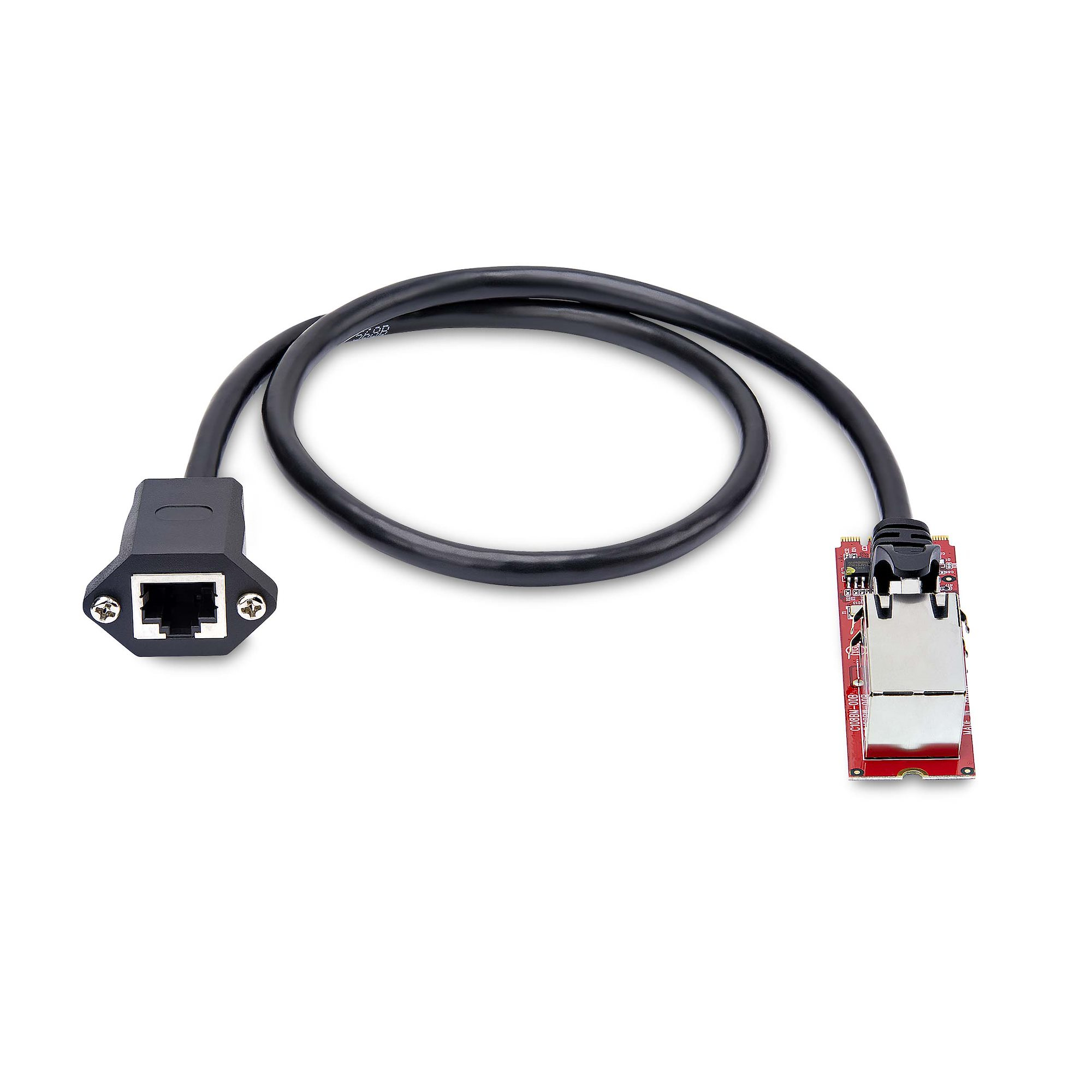Schwarzes Kabel mit RJ45-Anschluss an einem Ende und einer Platine am anderen, weißer Hintergrund.