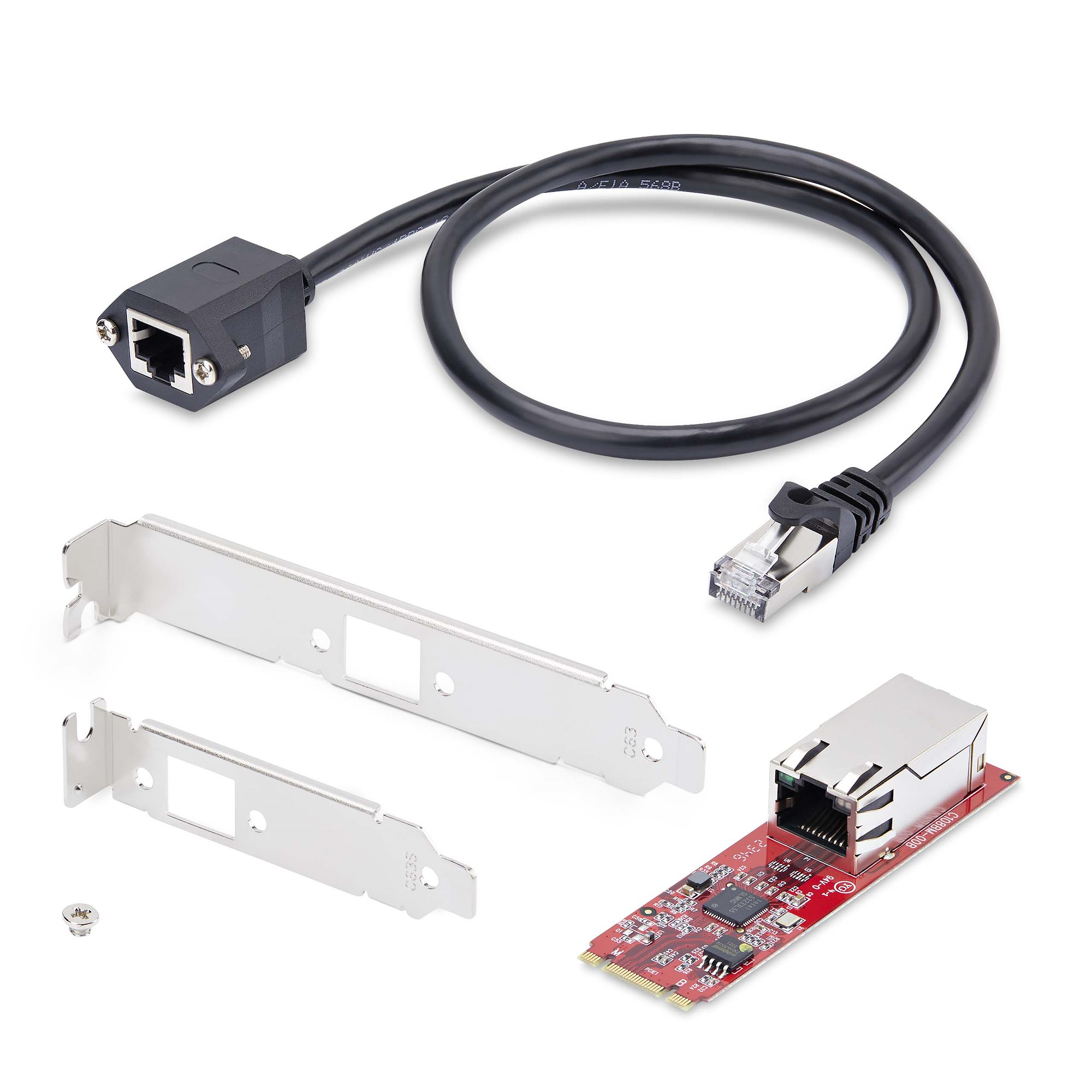 Eine Ethernet-Karte mit schwarzem Kabel und Stecker, silbernen Halterungen und einer kleinen Schraube auf weißem Grund.