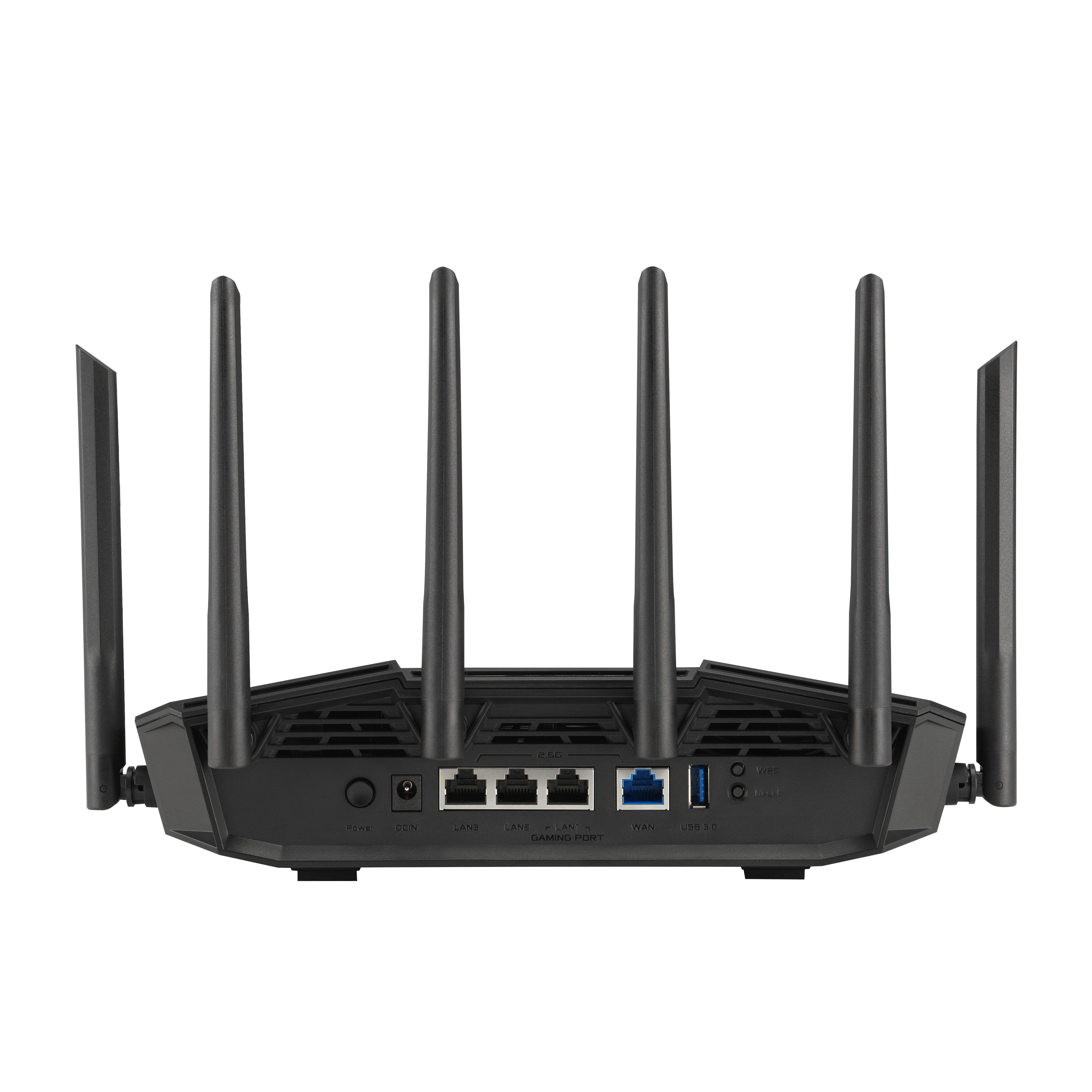 Schwarzer Router mit Antennen. Es hat Anschlüsse und Tasten. Weißer Hintergrund.