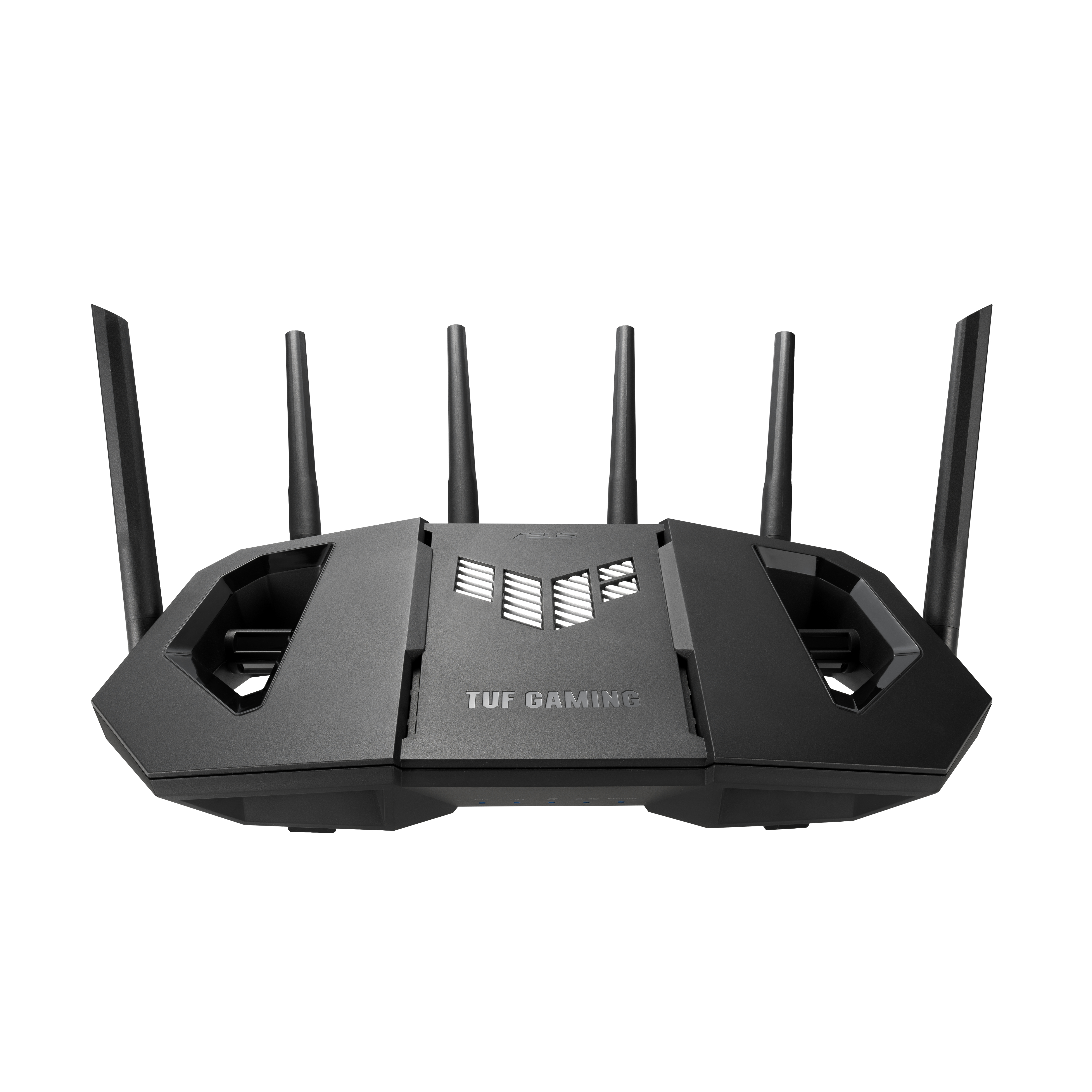 Ein schwarzer ASUS TUF Gaming Router mit mehreren Antennen, auf weißem Hintergrund.