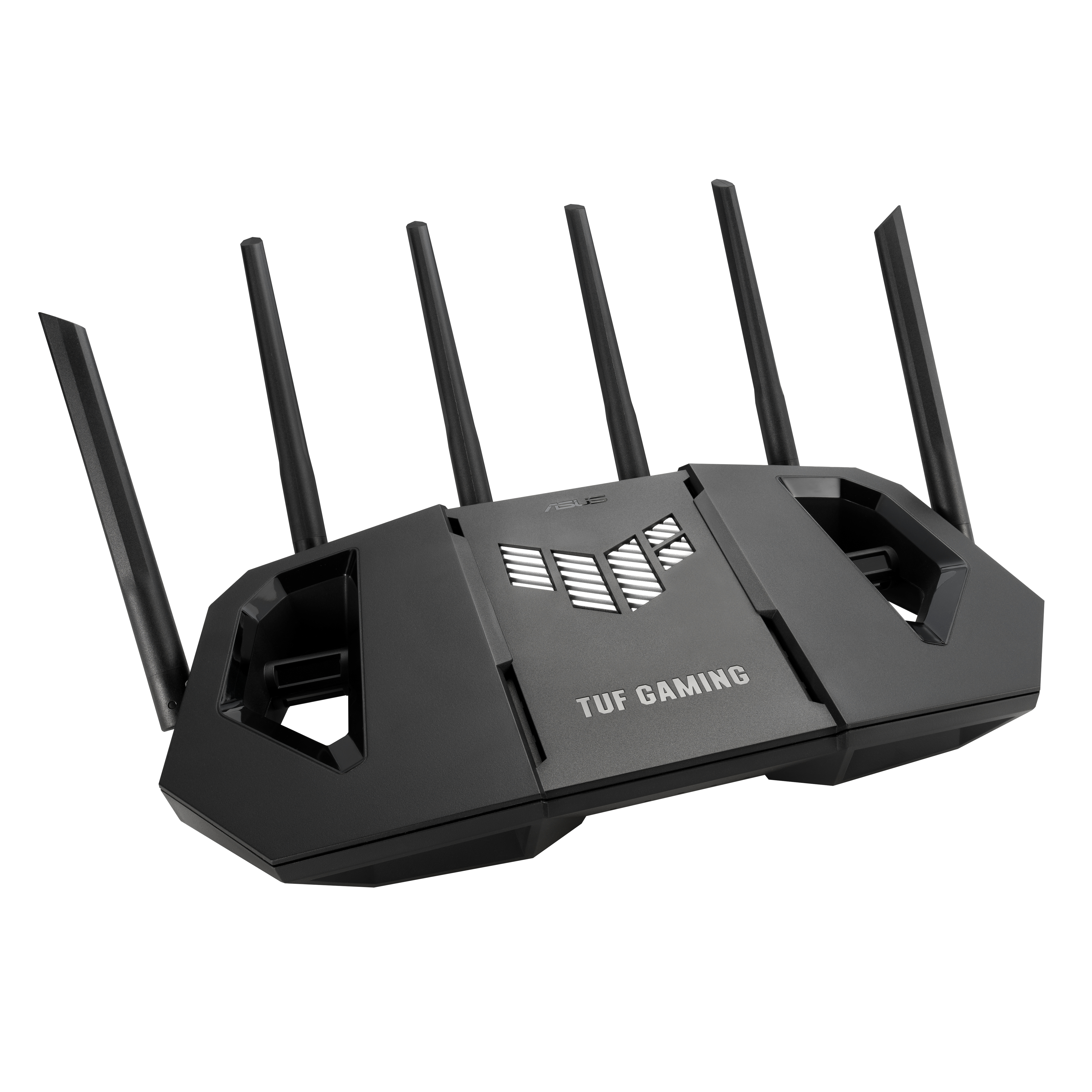 Ein schwarzer ASUS TUF Gaming-Router mit mehreren Antennen. Der Router befindet sich auf weißem Hintergrund.