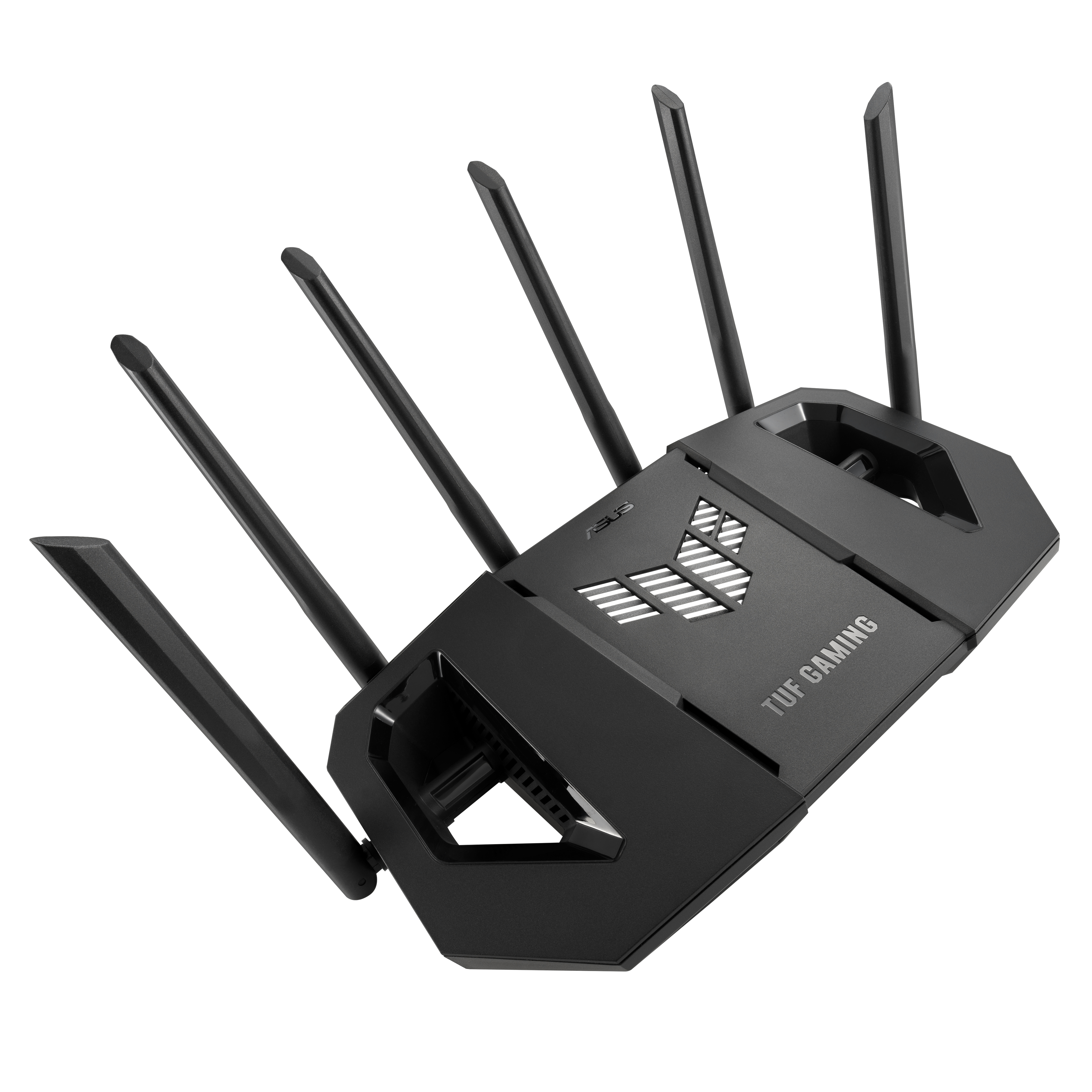 Schwarzer ASUS TUF Gaming Router mit sechs Antennen, nach links geneigt, vor weißem Hintergrund.