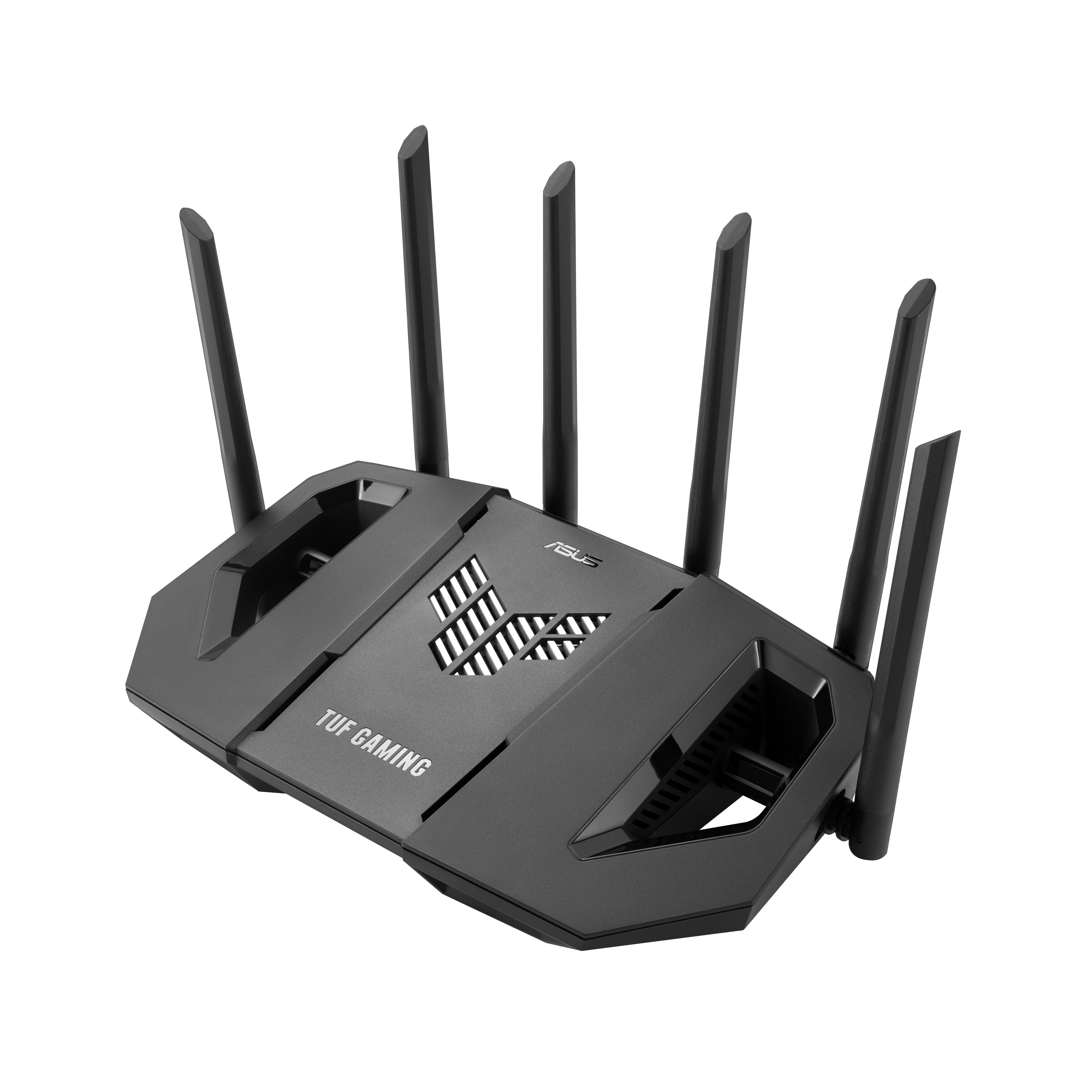 Schwarzer ASUS TUF Gaming Router. Er hat sechs Antennen und befindet sich vor weißem Hintergrund.