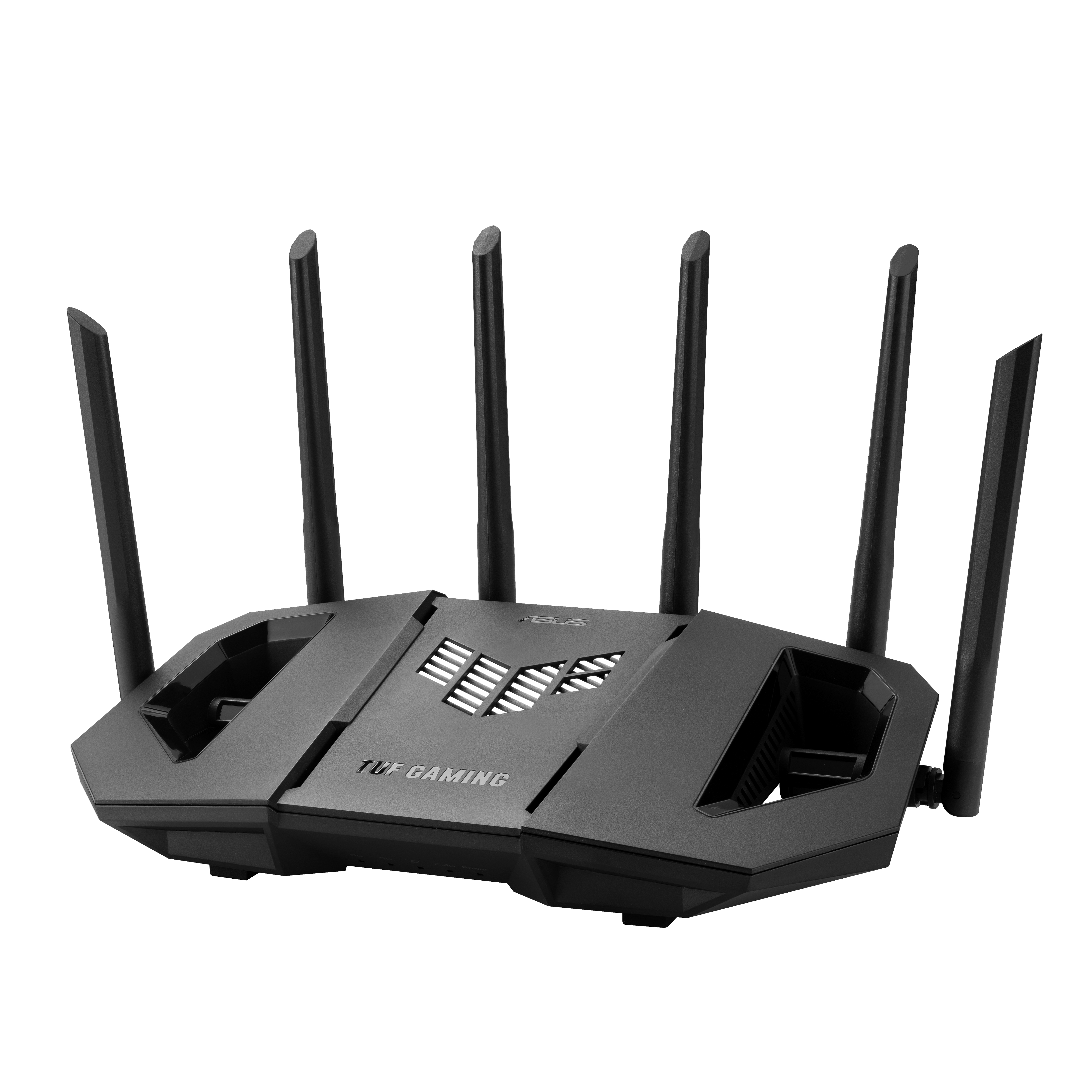 Schwarzer ASUS TUF Gaming Router mit sechs Antennen auf weißem Hintergrund. Er hat Belüftung und Branding.