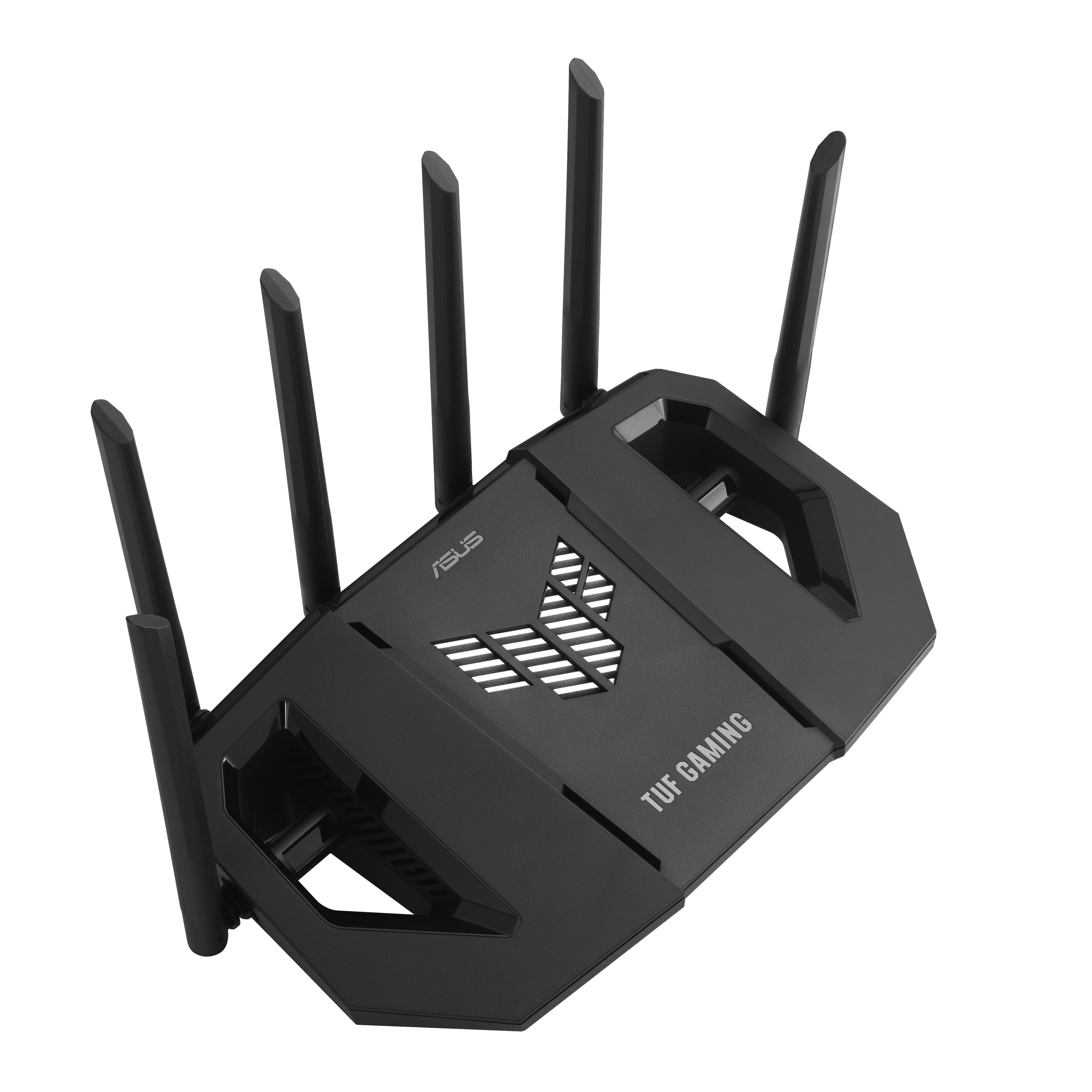 Ein schwarzer ASUS TUF Gaming-Router mit sechs Antennen vor weißem Hintergrund. Der Router hat ein modernes Design.