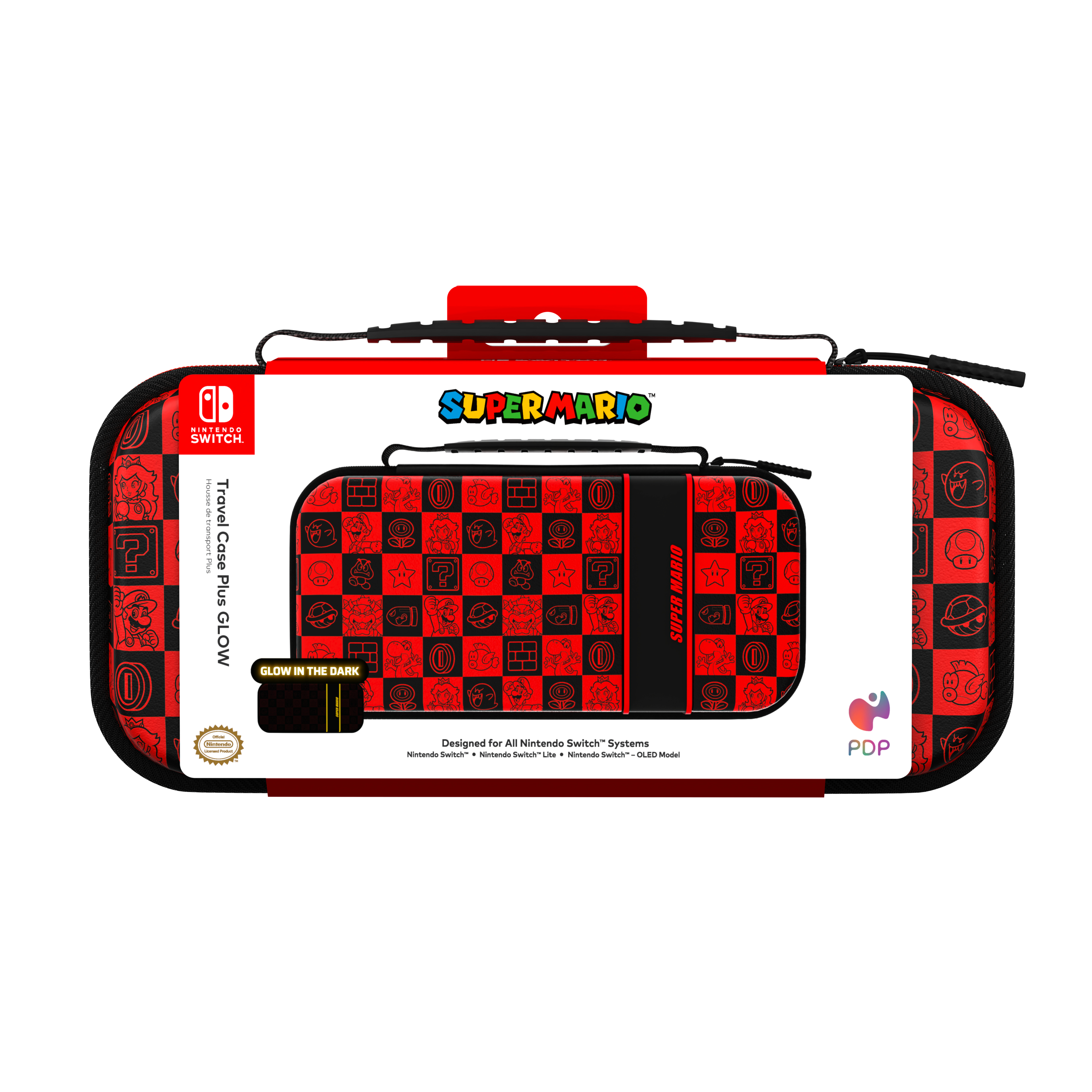 Etui podróżne Super Mario Nintendo Switch, wzór w czerwono-czarną kratę, z postaciami. Etui jest na białym tle.