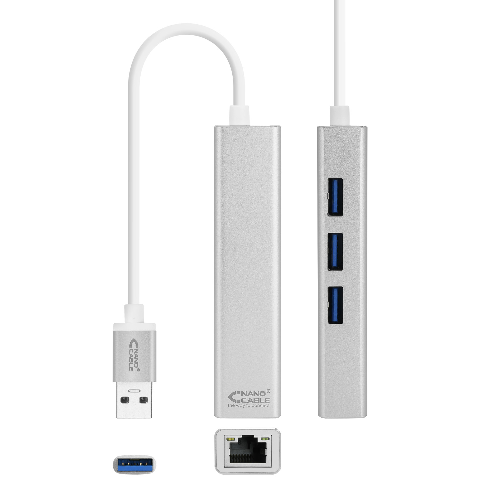 Un concentrador USB plateado con tres puertos USB, un puerto de red y un cable USB, todo sobre fondo blanco.